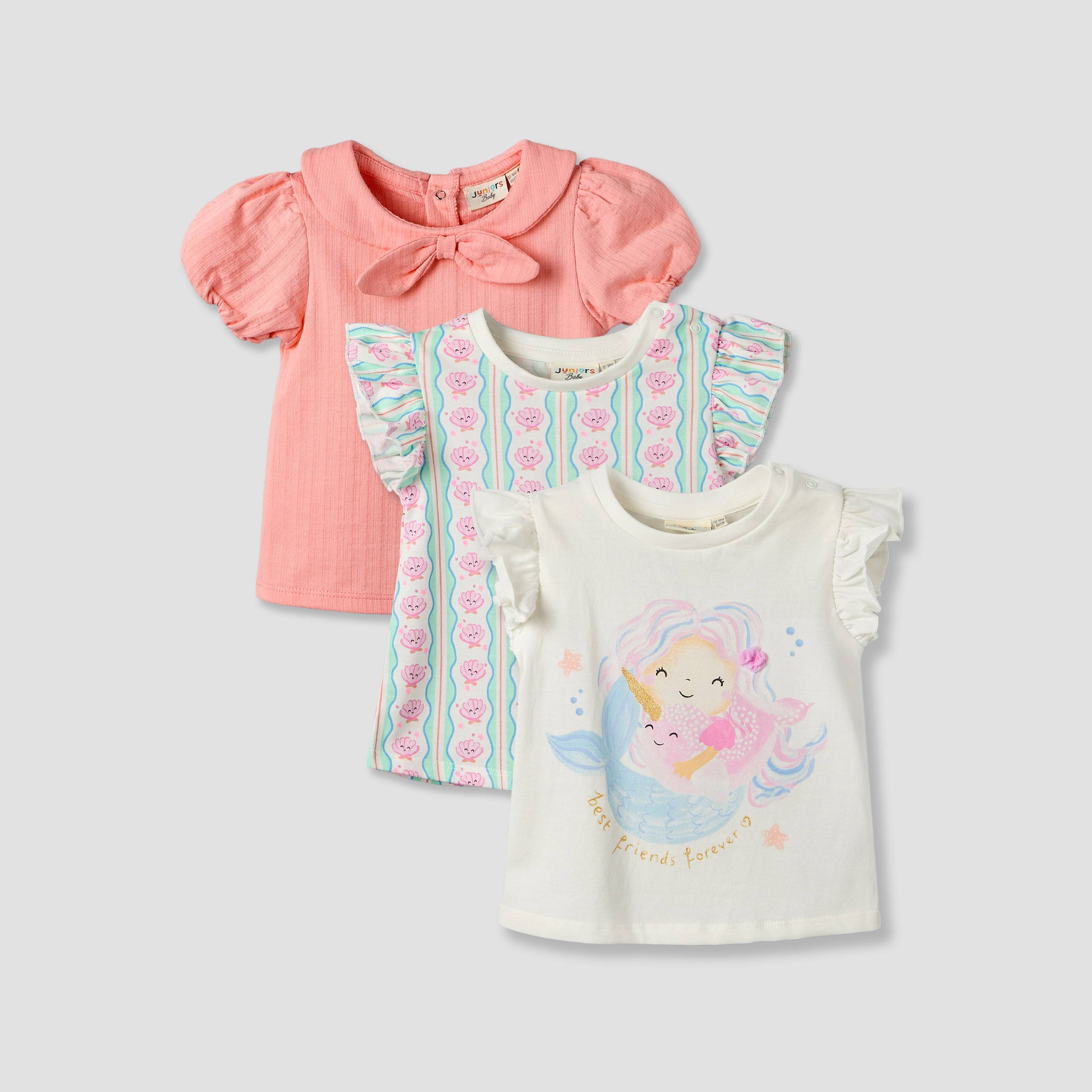 Pack of 3 Juniors Round Neck Short Sleeves T-shirt with Assorted Designs-baby-girls-clothing-tshirts-image-1