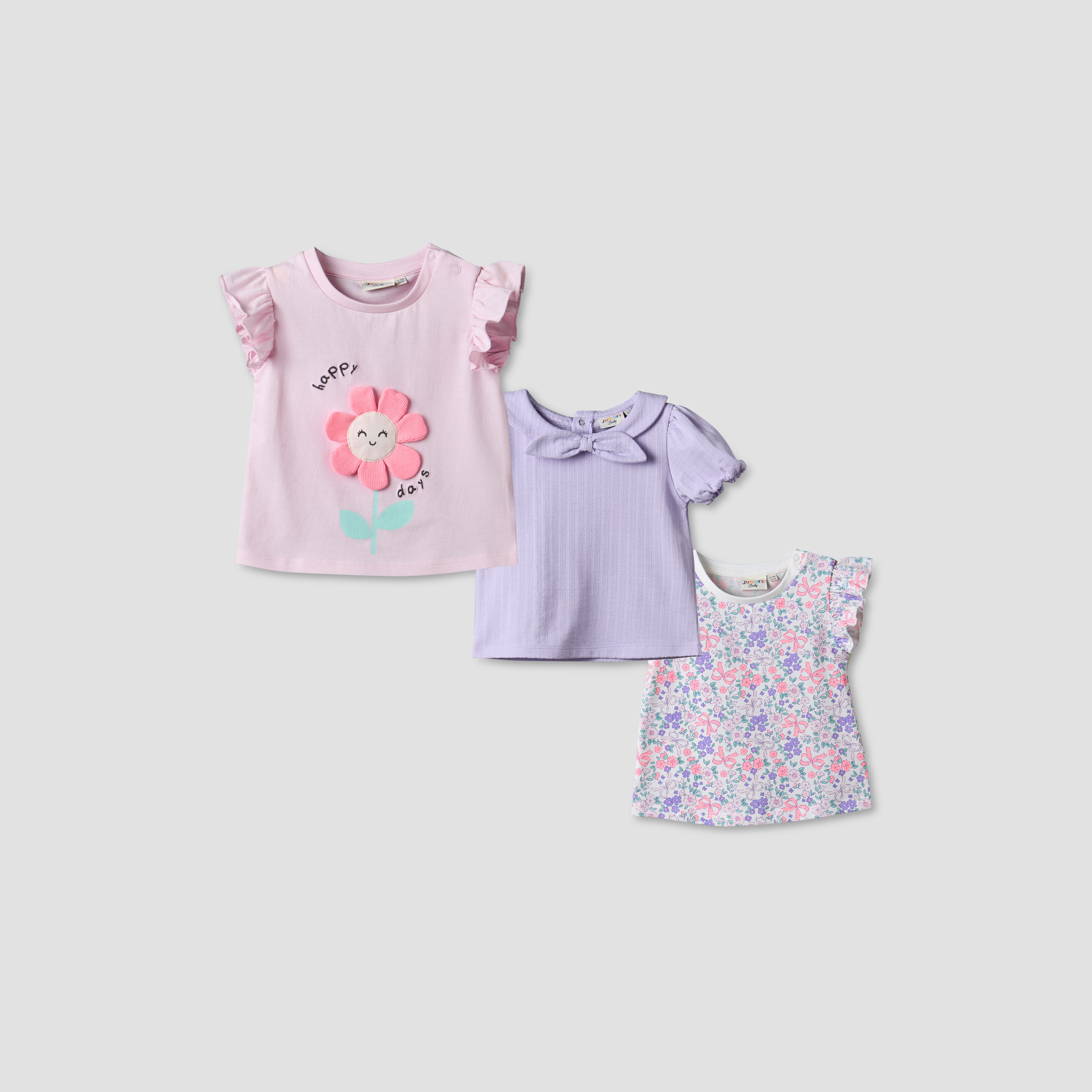 Pack of 3 Juniors Crew Neck T-shirt with Floral Print-baby-girls-clothing-tshirts-image-1