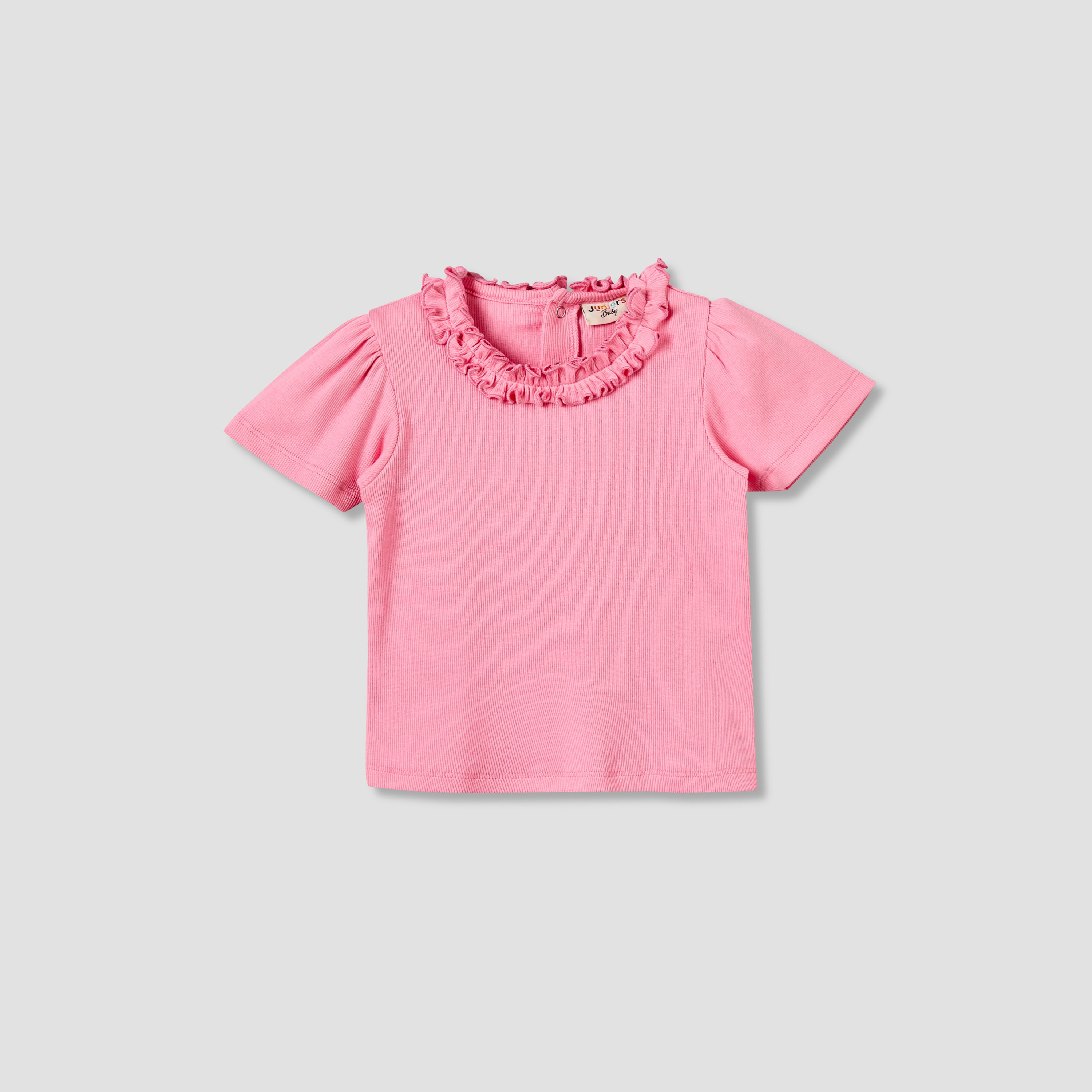 Juniors Round Neck Short Sleeves T-shirt with Ruffle Trim-baby-girls-clothing-tshirts-image-2