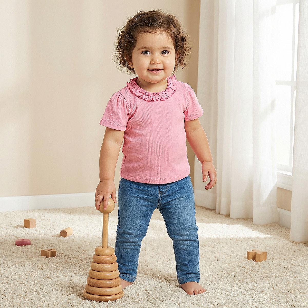 Juniors Round Neck Short Sleeves T-shirt with Ruffle Trim-baby-girls-clothing-tshirts-image-1