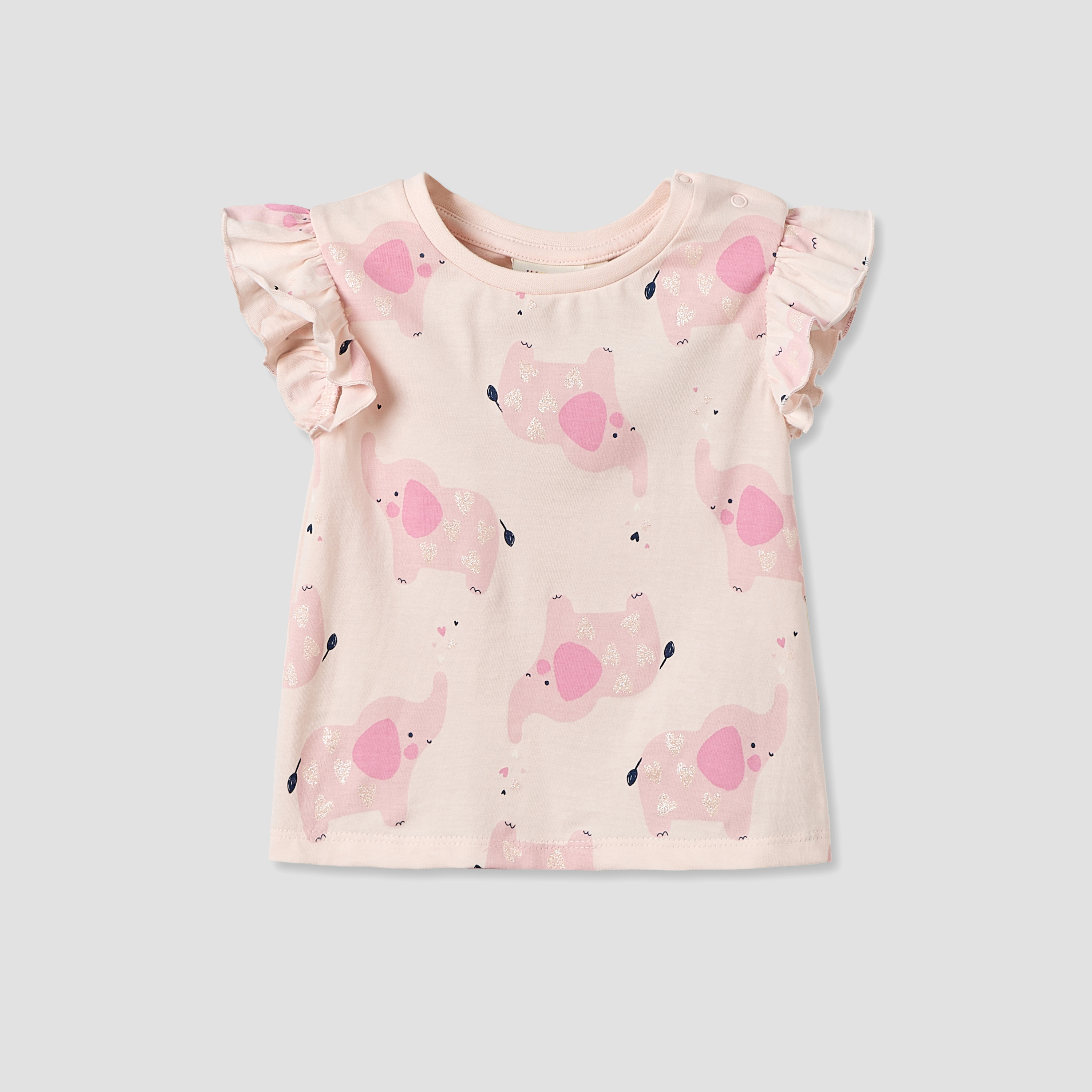 Juniors Round Neck Short Sleeves T-shirt with Elephant Print-baby-girls-clothing-tshirts-image-1