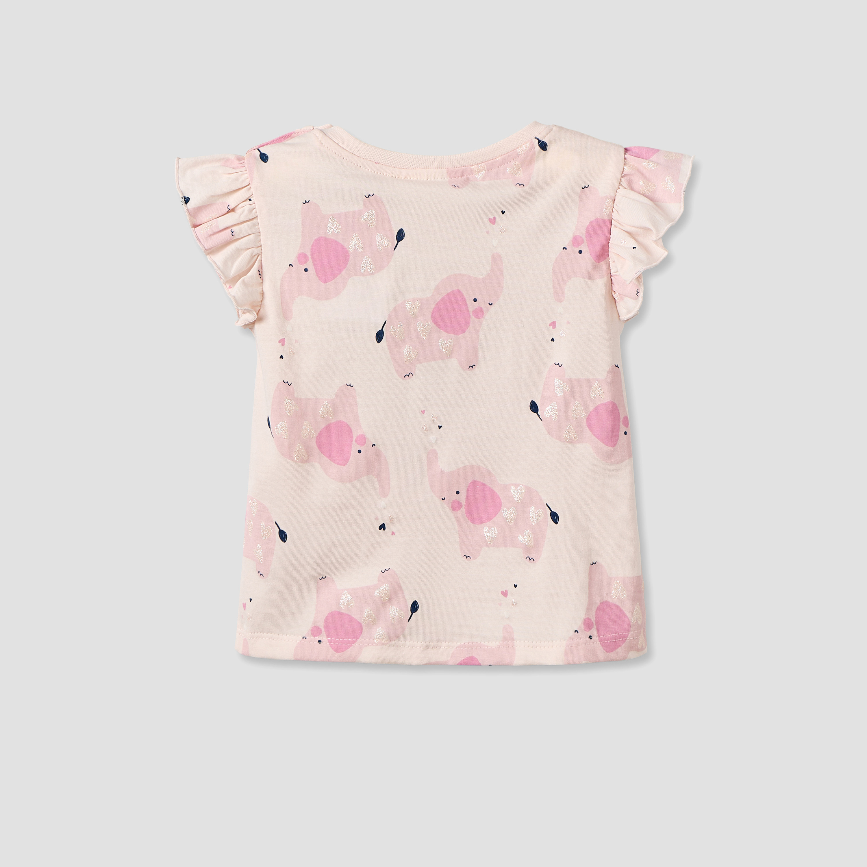 Juniors Round Neck Short Sleeves T-shirt with Elephant Print-baby-girls-clothing-tshirts-image-2