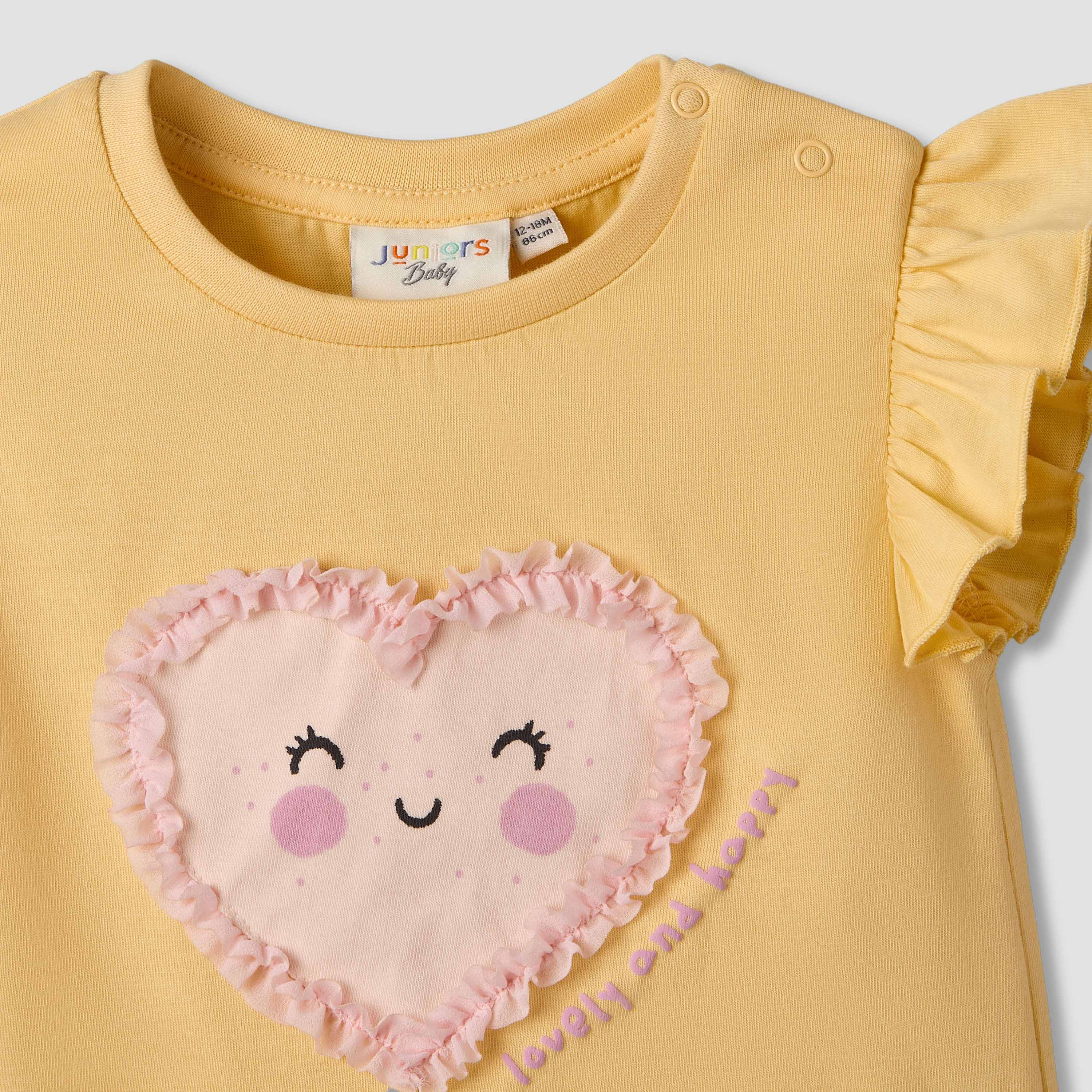 Juniors Crew Neck Ruffle Sleeves T-shirt with Heart Applique-baby-girls-clothing-tshirts-image-4