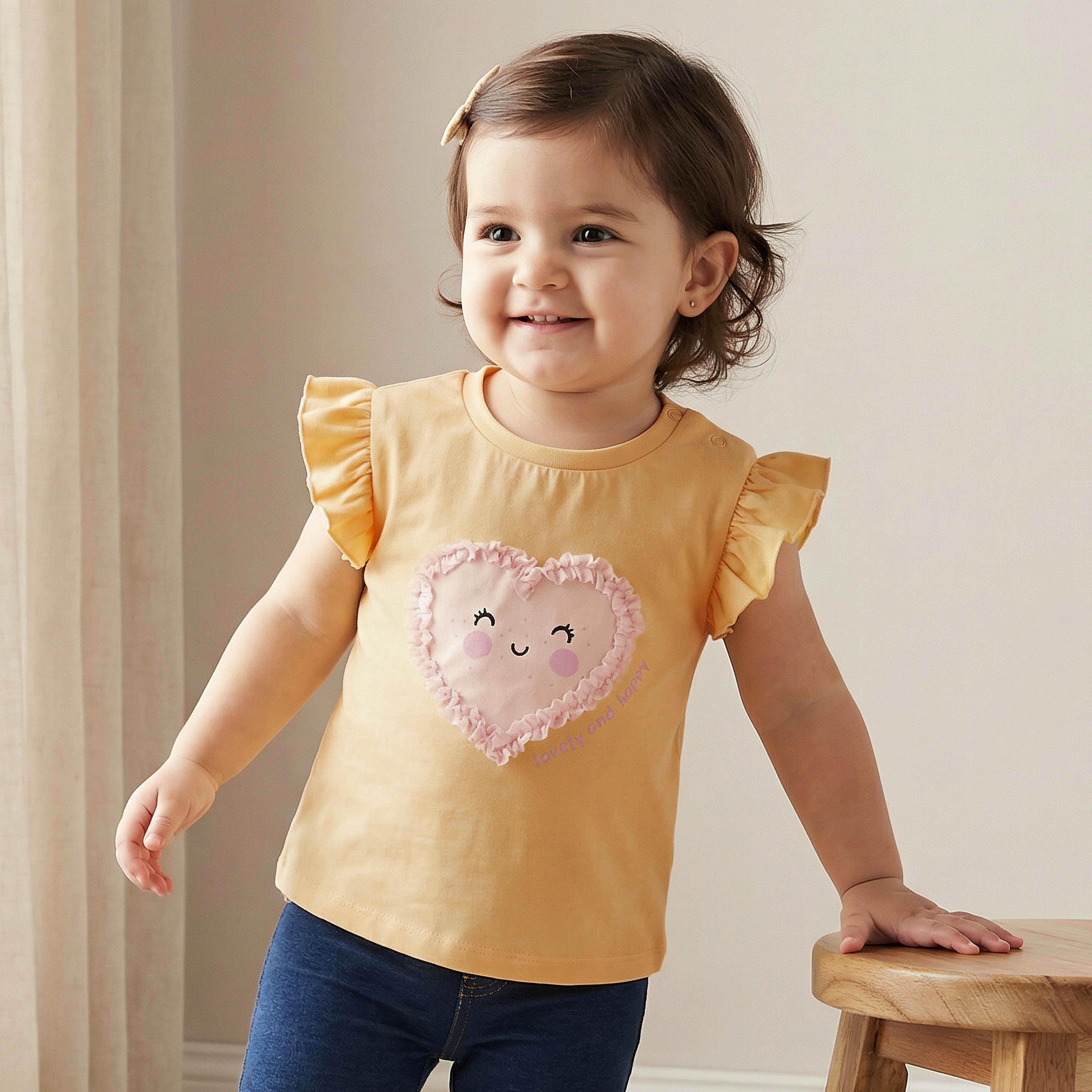 Juniors Crew Neck Ruffle Sleeves T-shirt with Heart Applique-baby-girls-clothing-tshirts-image-1