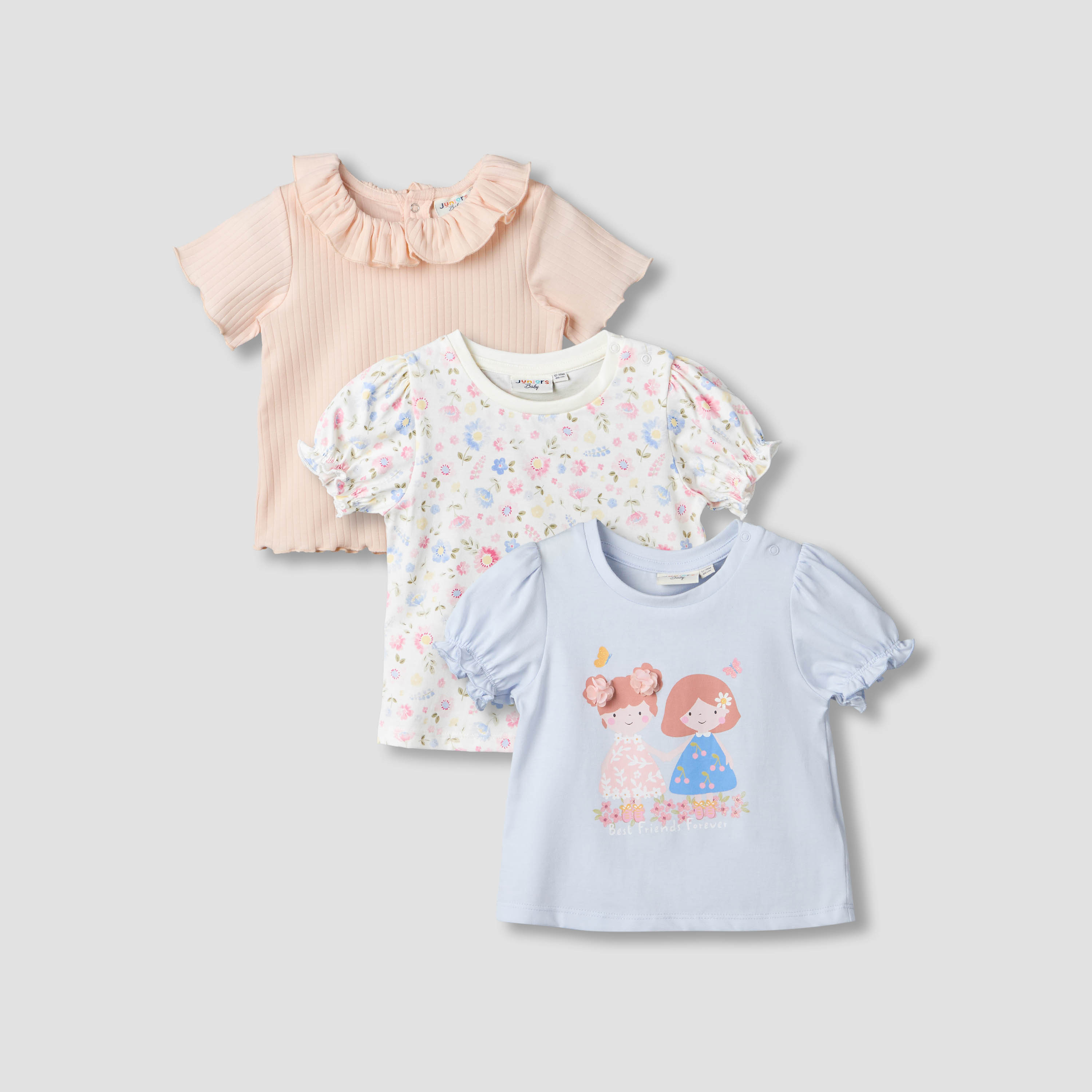 Pack of 3 Juniors Crew Neck Short Sleeves T-shirt with Assorted Design-baby-girls-clothing-tshirts-image-1