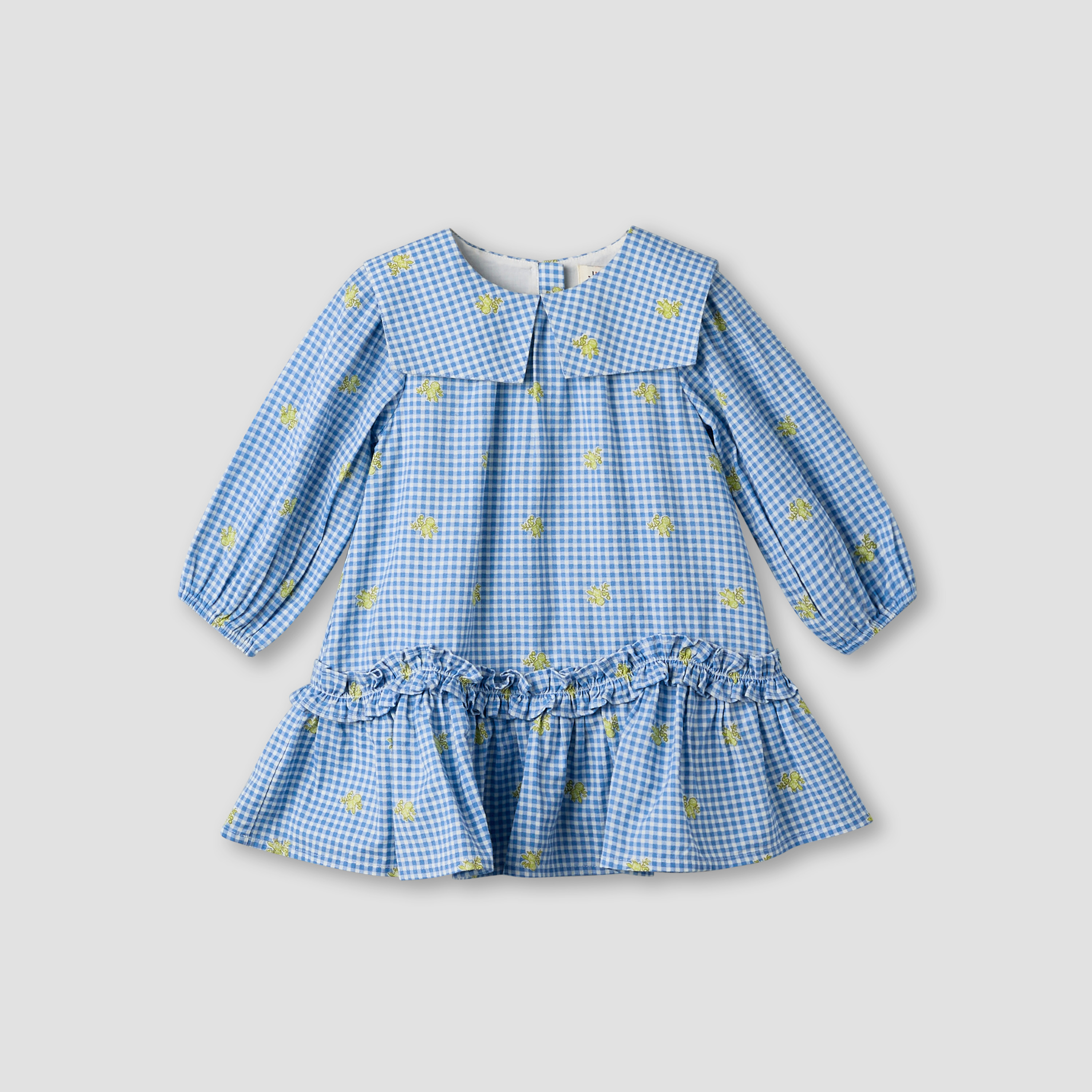 Juniors Sailor Collar Long Sleeves Drop Waist Dress with Checked Floral Design-baby-girls-clothing-dressesandjumpsuits-image-2