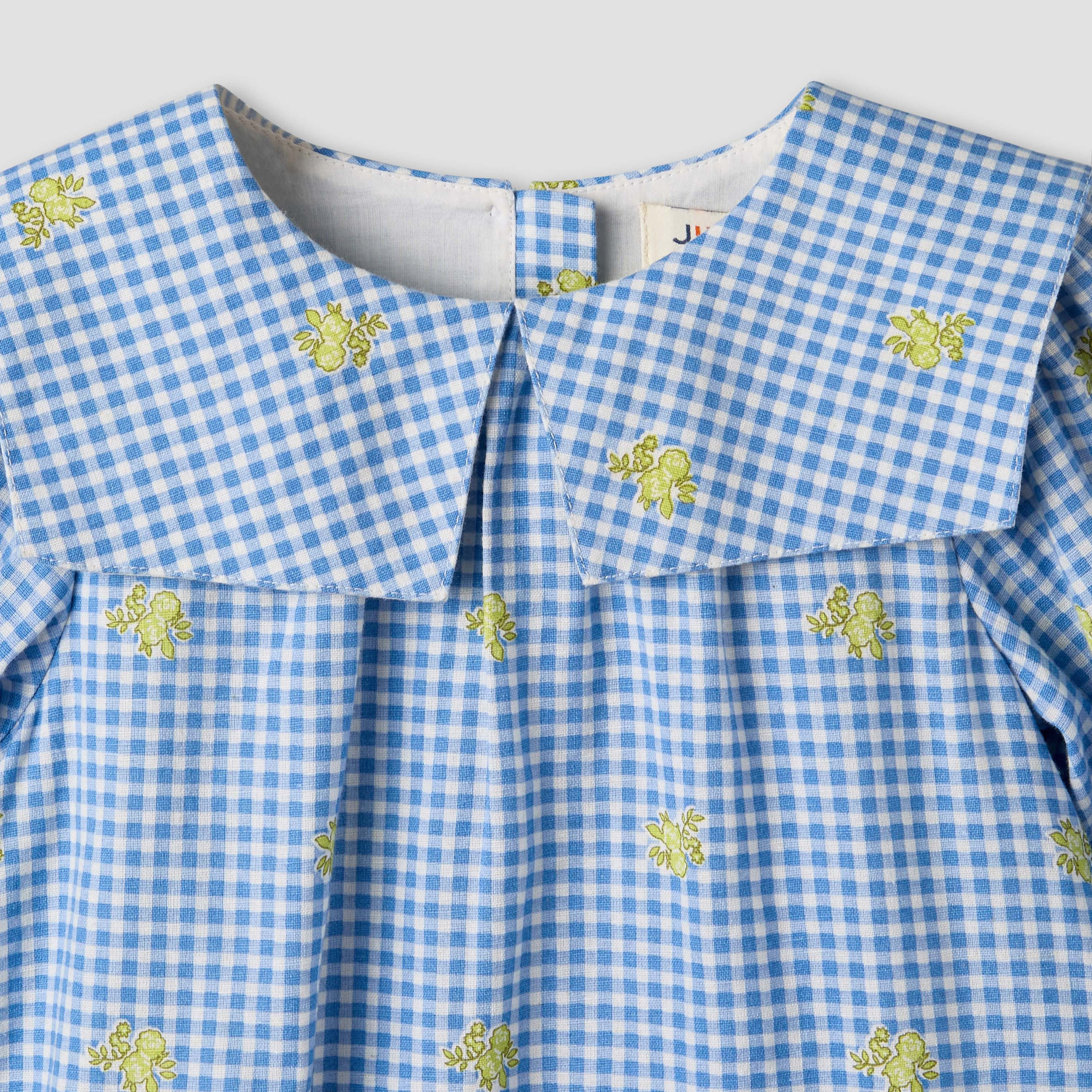 Juniors Sailor Collar Long Sleeves Drop Waist Dress with Checked Floral Design-baby-girls-clothing-dressesandjumpsuits-image-4