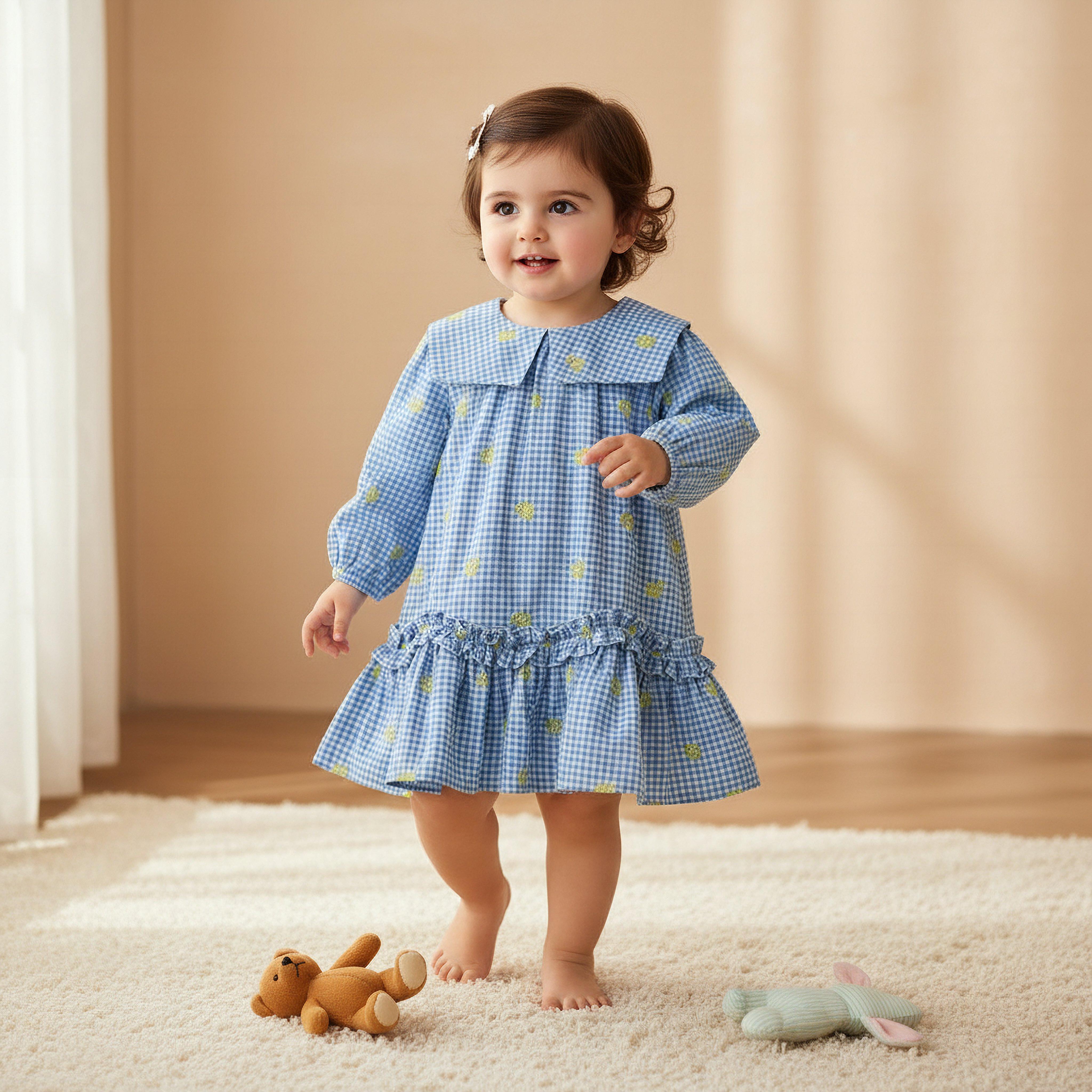 Juniors Sailor Collar Long Sleeves Drop Waist Dress with Checked Floral Design-baby-girls-clothing-dressesandjumpsuits-image-1