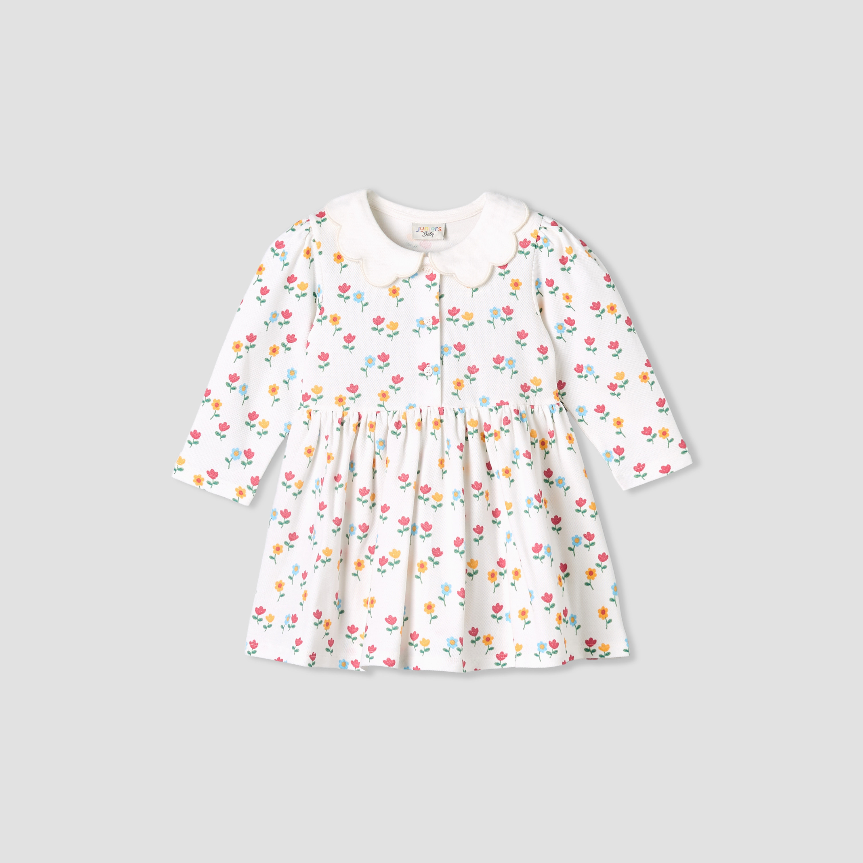 Juniors Scallop Round Neck Long Sleeves Dress with Floral Print-baby-girls-clothing-dressesandjumpsuits-image-2