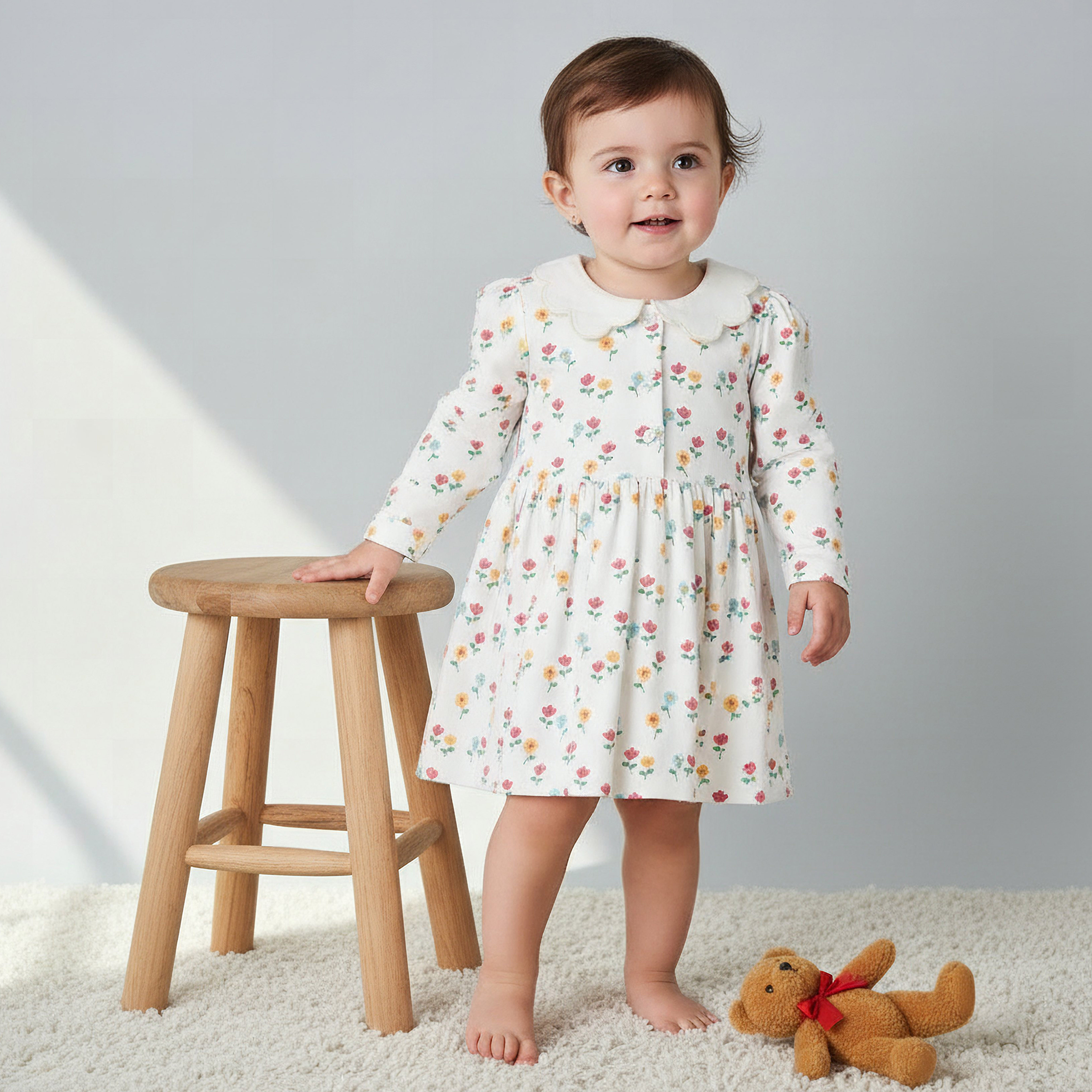 Juniors Scallop Round Neck Long Sleeves Dress with Floral Print-baby-girls-clothing-dressesandjumpsuits-image-1