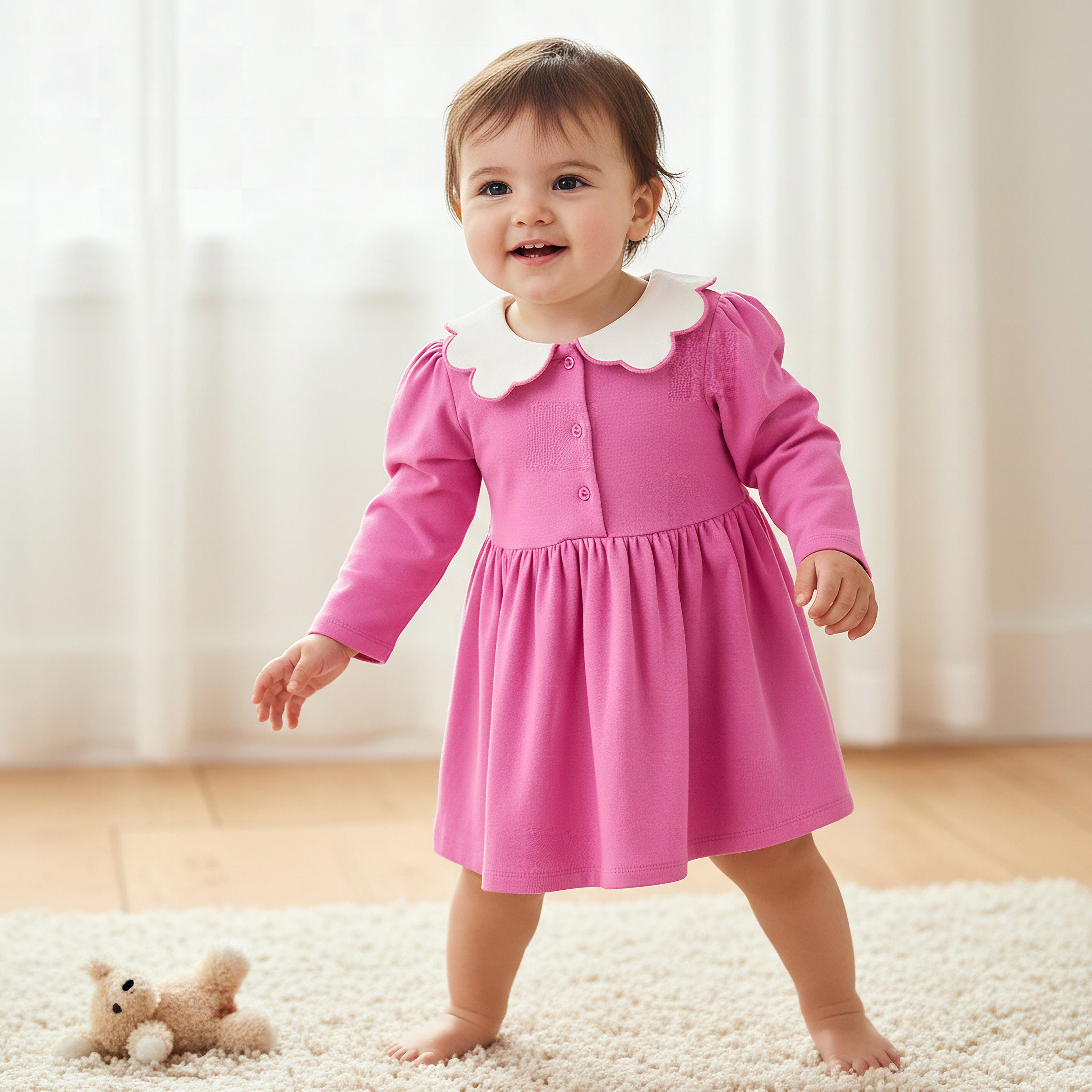 Junior Scallop Neck Long Sleeves A-line Dress with Gathered Detail-baby-girls-clothing-dressesandjumpsuits-image-1