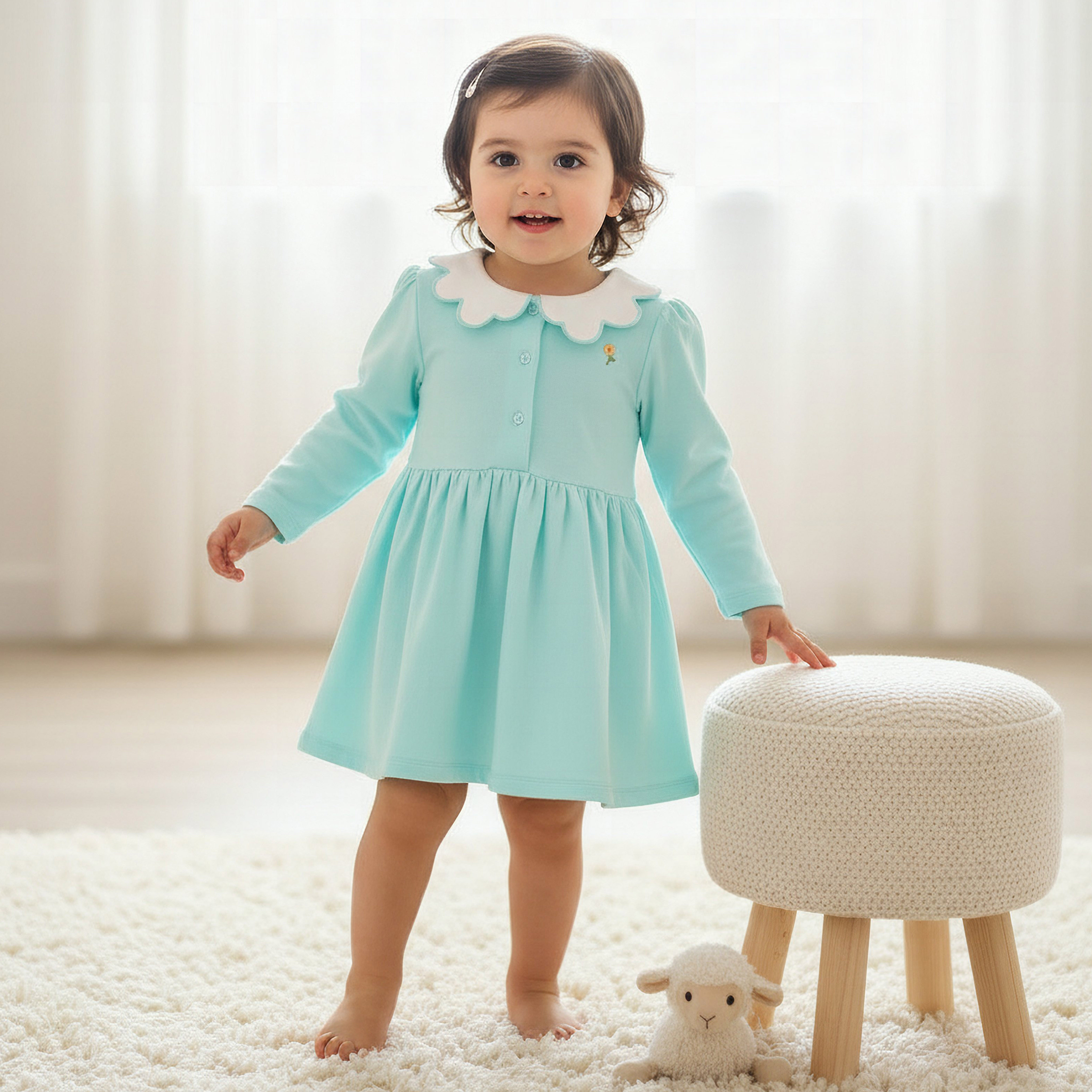 فستان إيه لاين بياقة صدفية وأكمام طويلة وتطريز زهري من جونيورز-baby-girls-clothing-dressesandjumpsuits-image-5