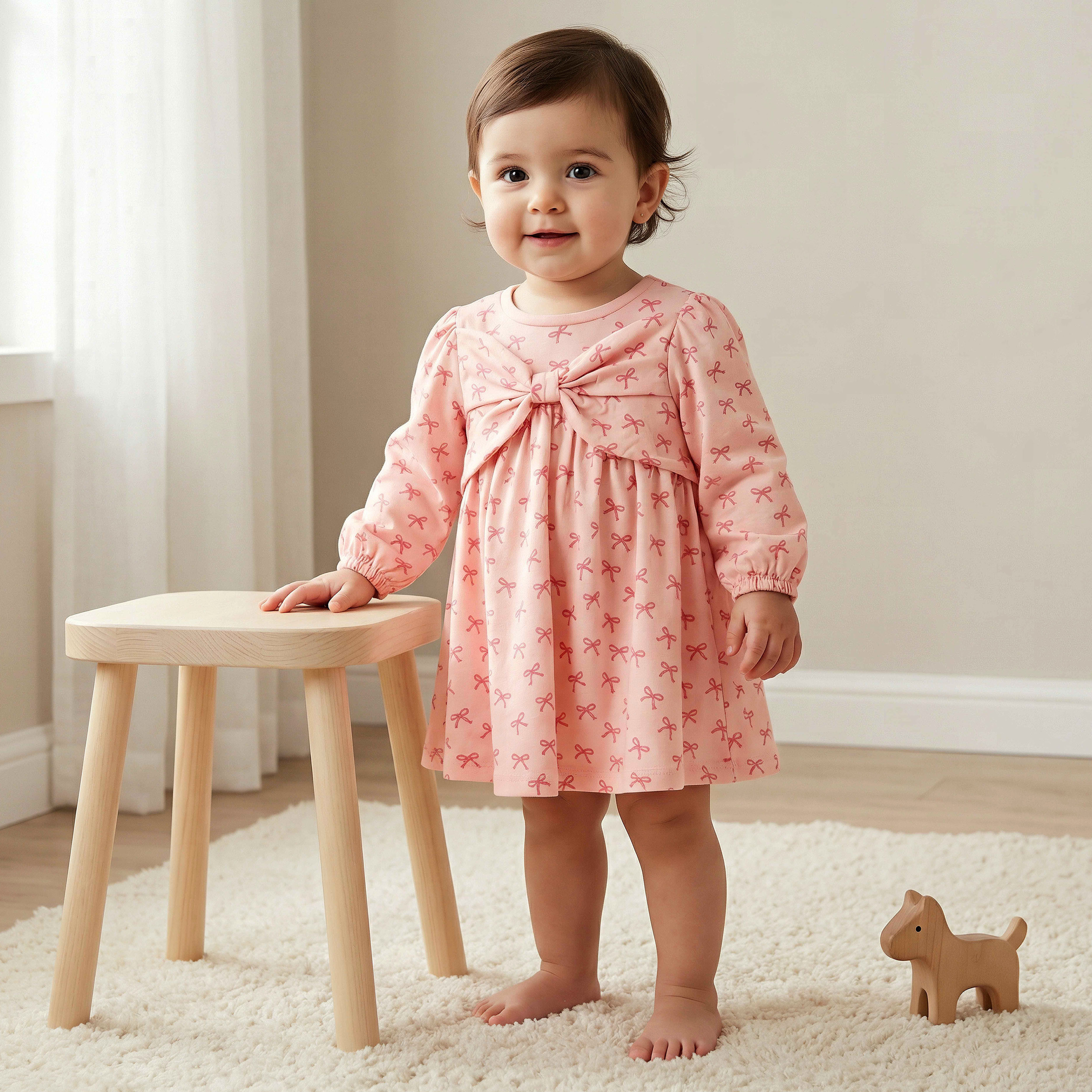Juniors Round Neck Long Sleeves A-line Dress with Bow Print-baby-girls-clothing-dressesandjumpsuits-image-1