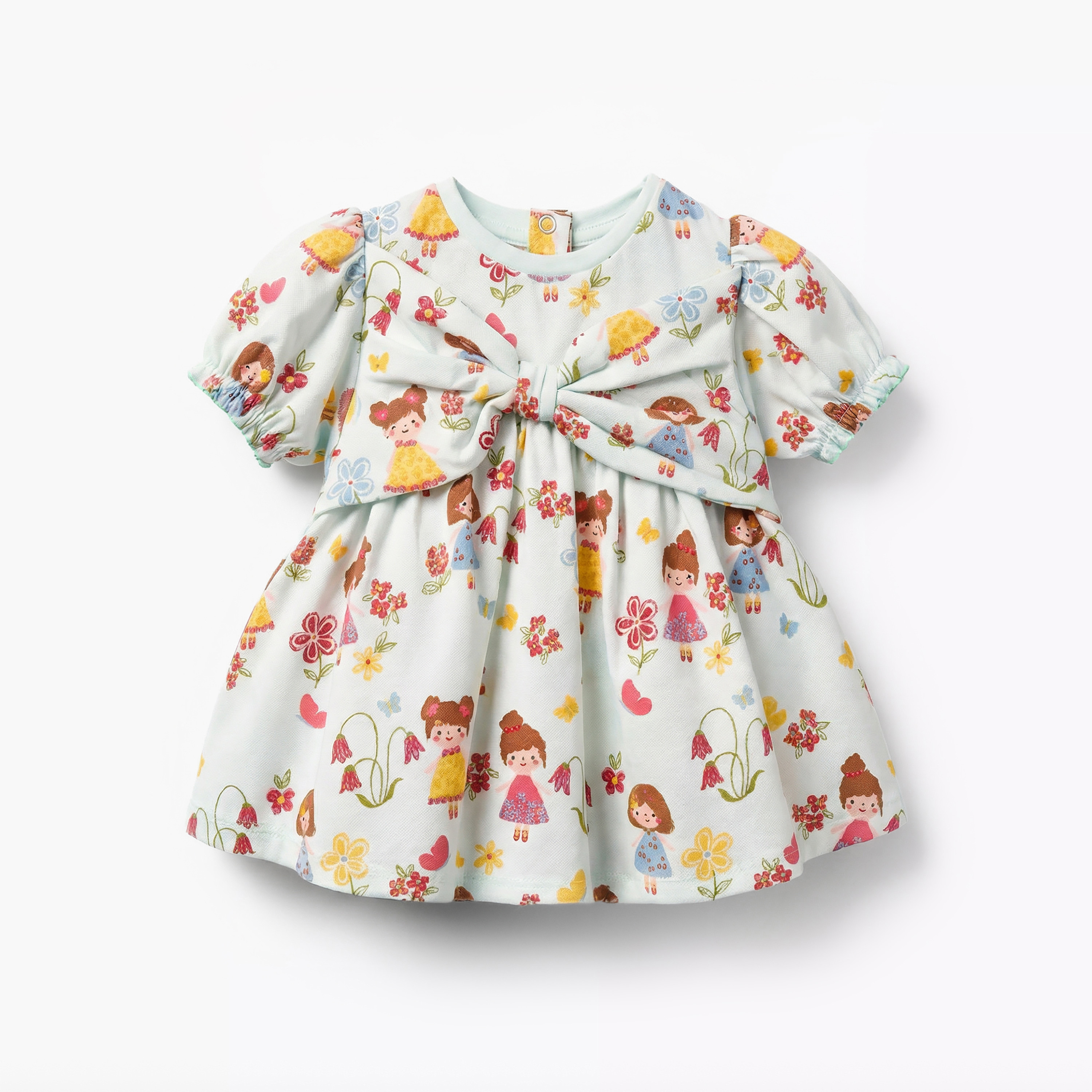 فستان بياقة مستديرة وأكمام قصيرة وطبعات وتفاصيل فيونكة من جونيورز-baby-girls-clothing-dressesandjumpsuits-image-4