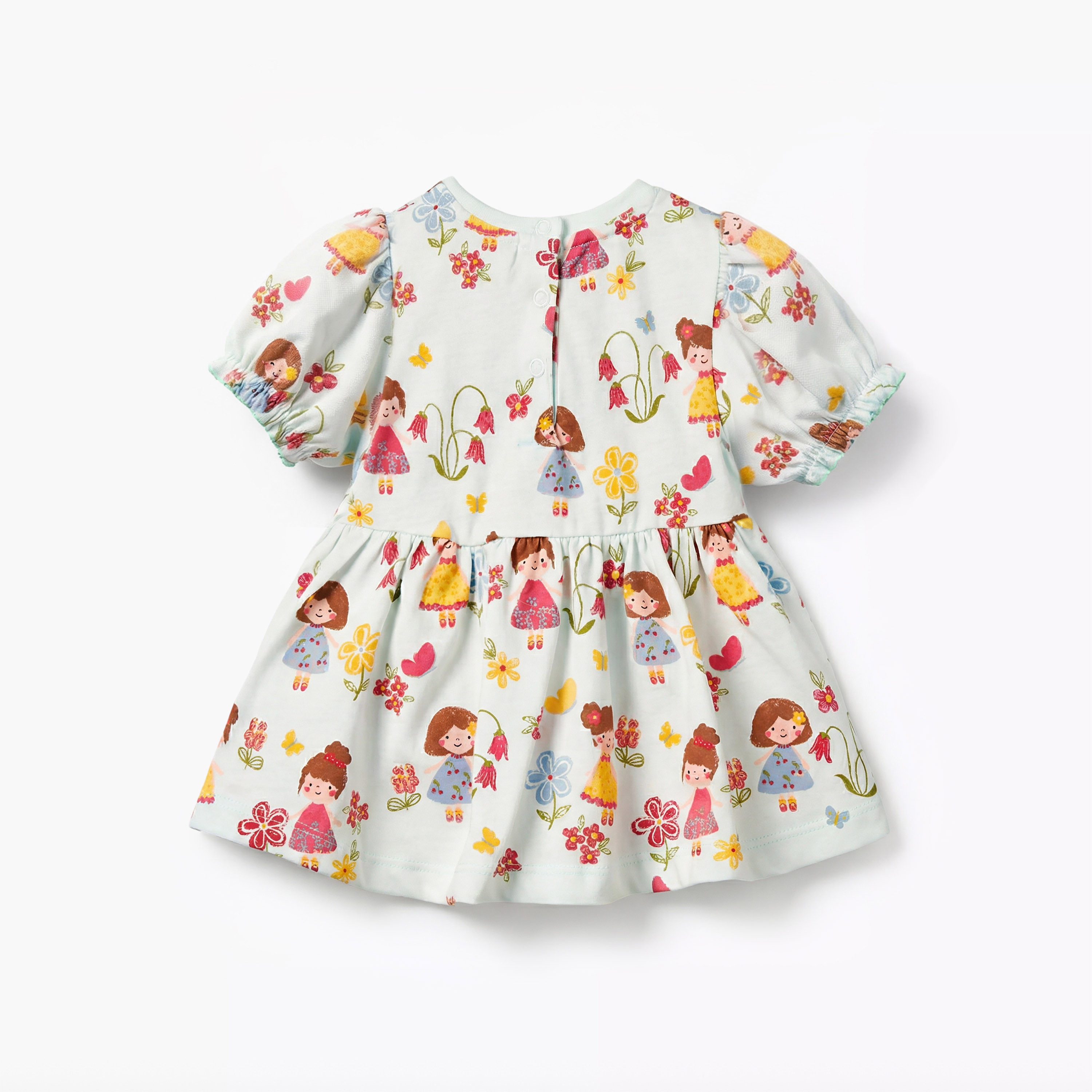 فستان بياقة مستديرة وأكمام قصيرة وطبعات وتفاصيل فيونكة من جونيورز-baby-girls-clothing-dressesandjumpsuits-image-3