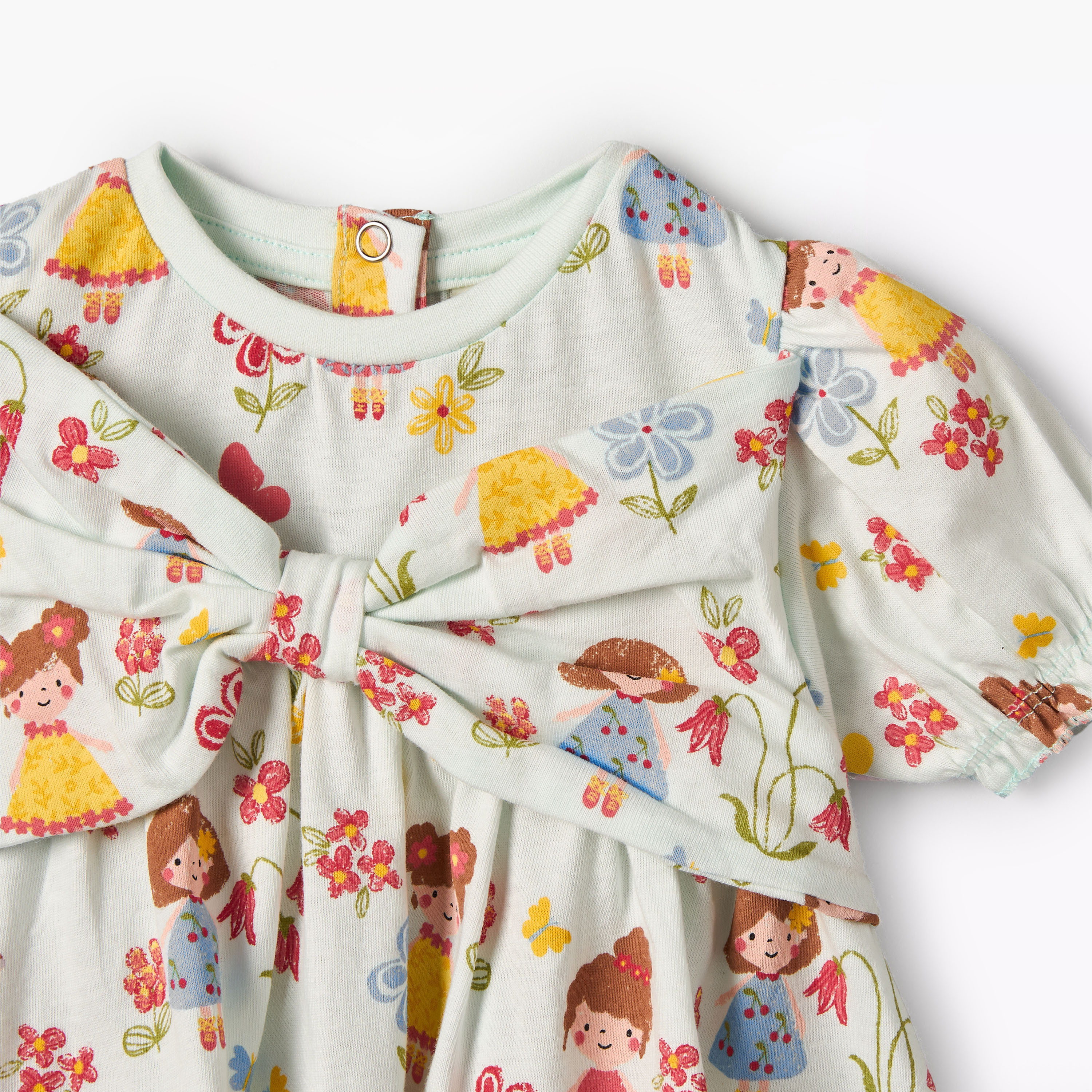 فستان بياقة مستديرة وأكمام قصيرة وطبعات وتفاصيل فيونكة من جونيورز-baby-girls-clothing-dressesandjumpsuits-image-2