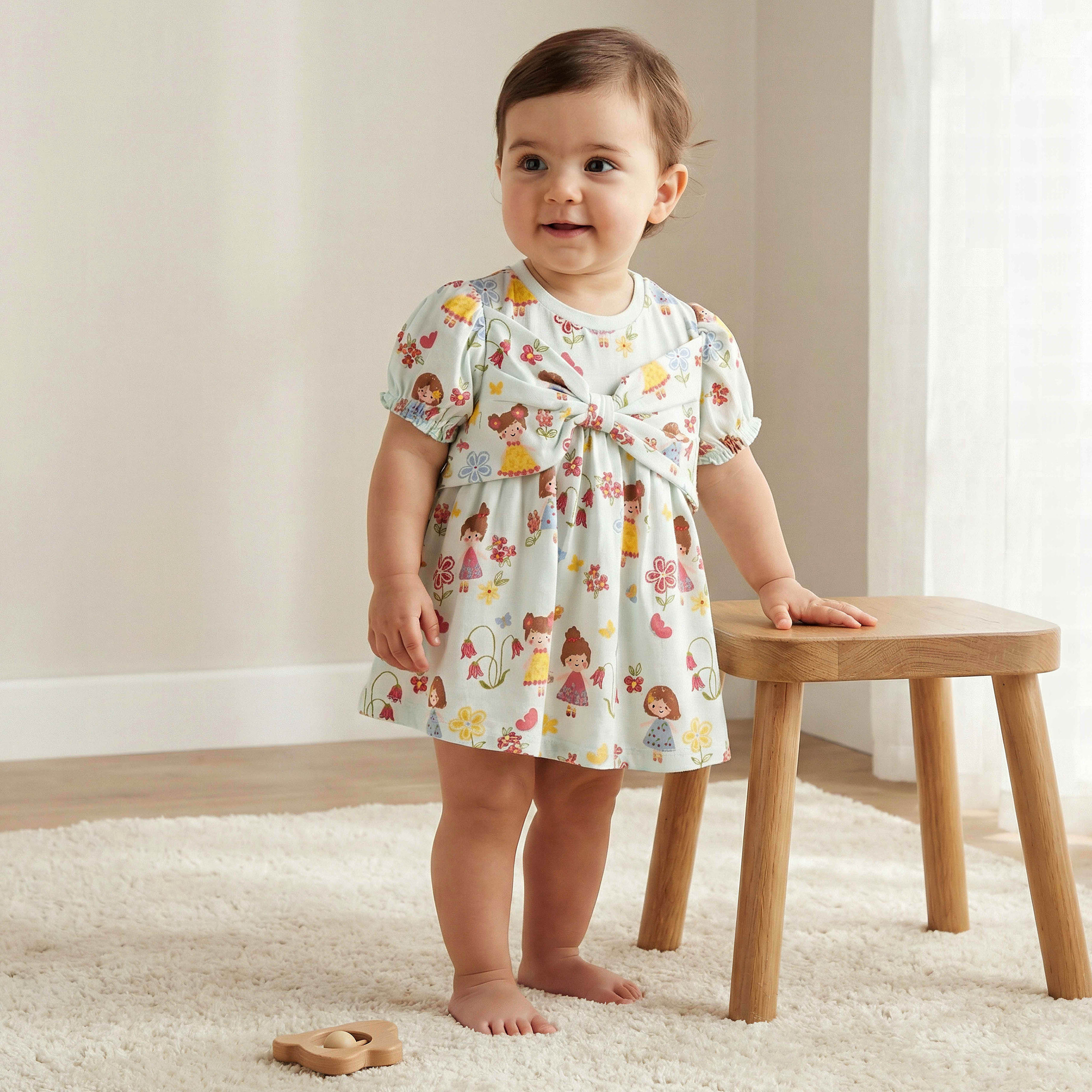 فستان بياقة مستديرة وأكمام قصيرة وطبعات وتفاصيل فيونكة من جونيورز-baby-girls-clothing-dressesandjumpsuits-image-5