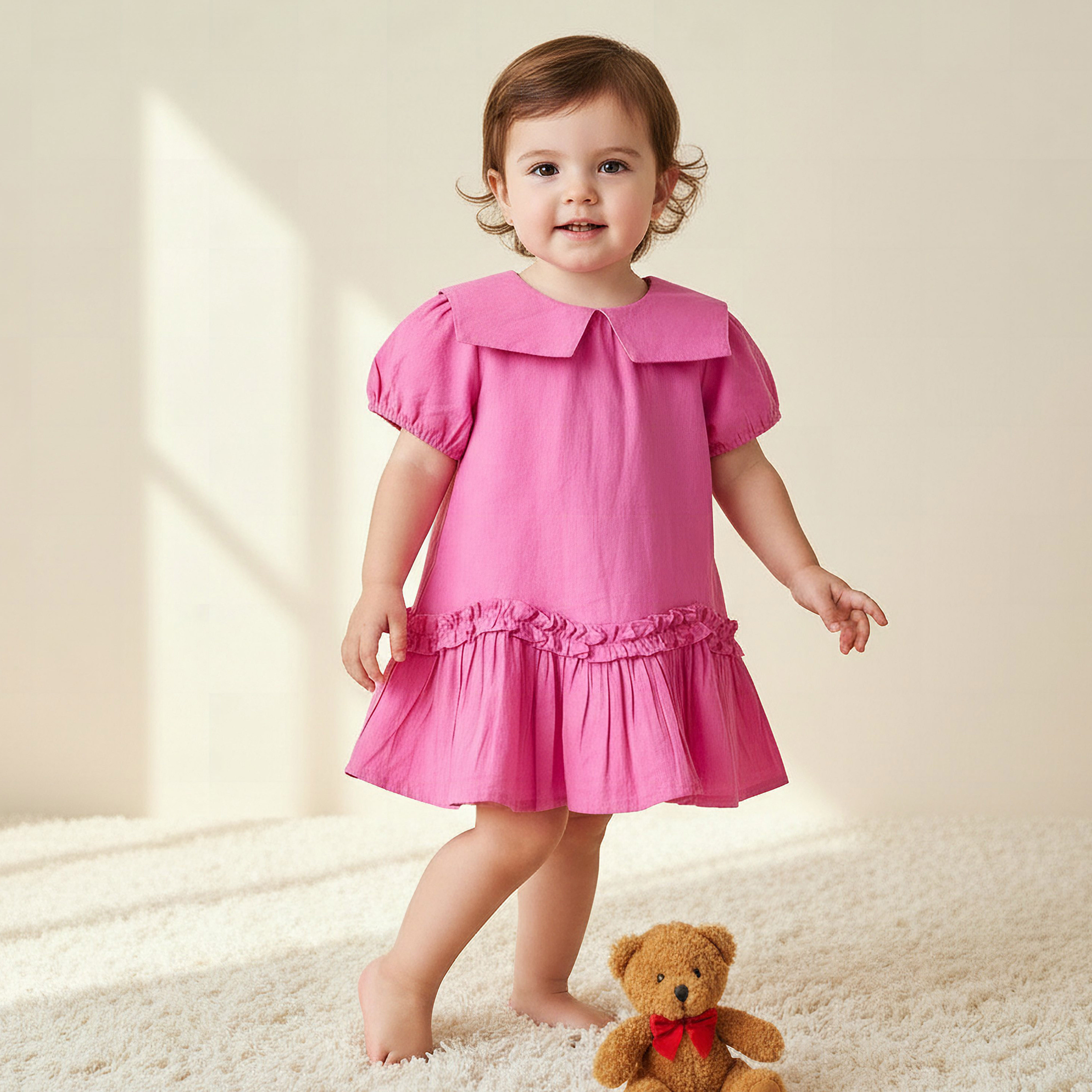 Juniors Sailor Collar Long Sleeves Drop Waist Dress with Checked Floral Design-baby-girls-clothing-dressesandjumpsuits-image-1