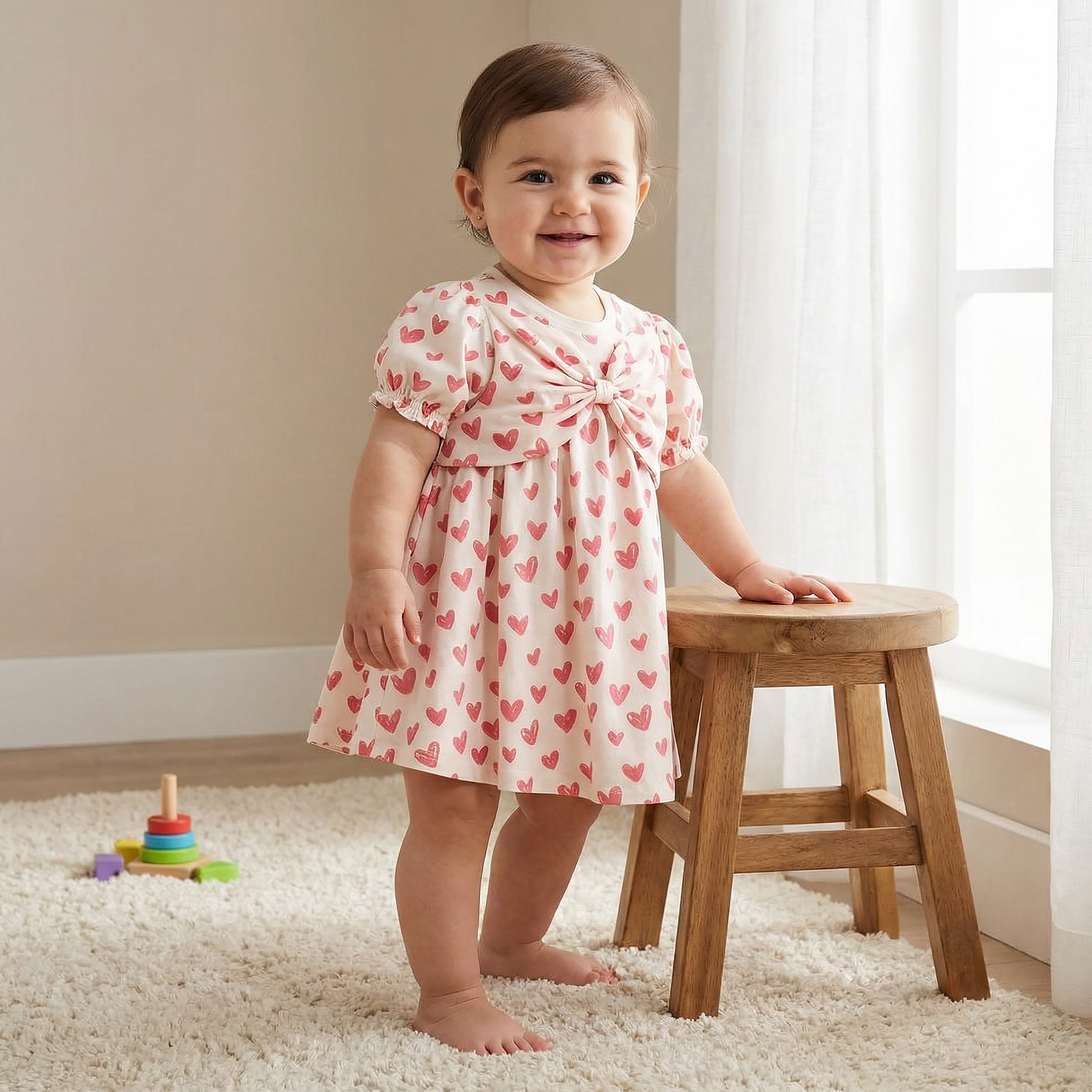 Juniors Round Neck Short Sleeves A-line Dress with Heart Print-baby-girls-clothing-dressesandjumpsuits-image-1