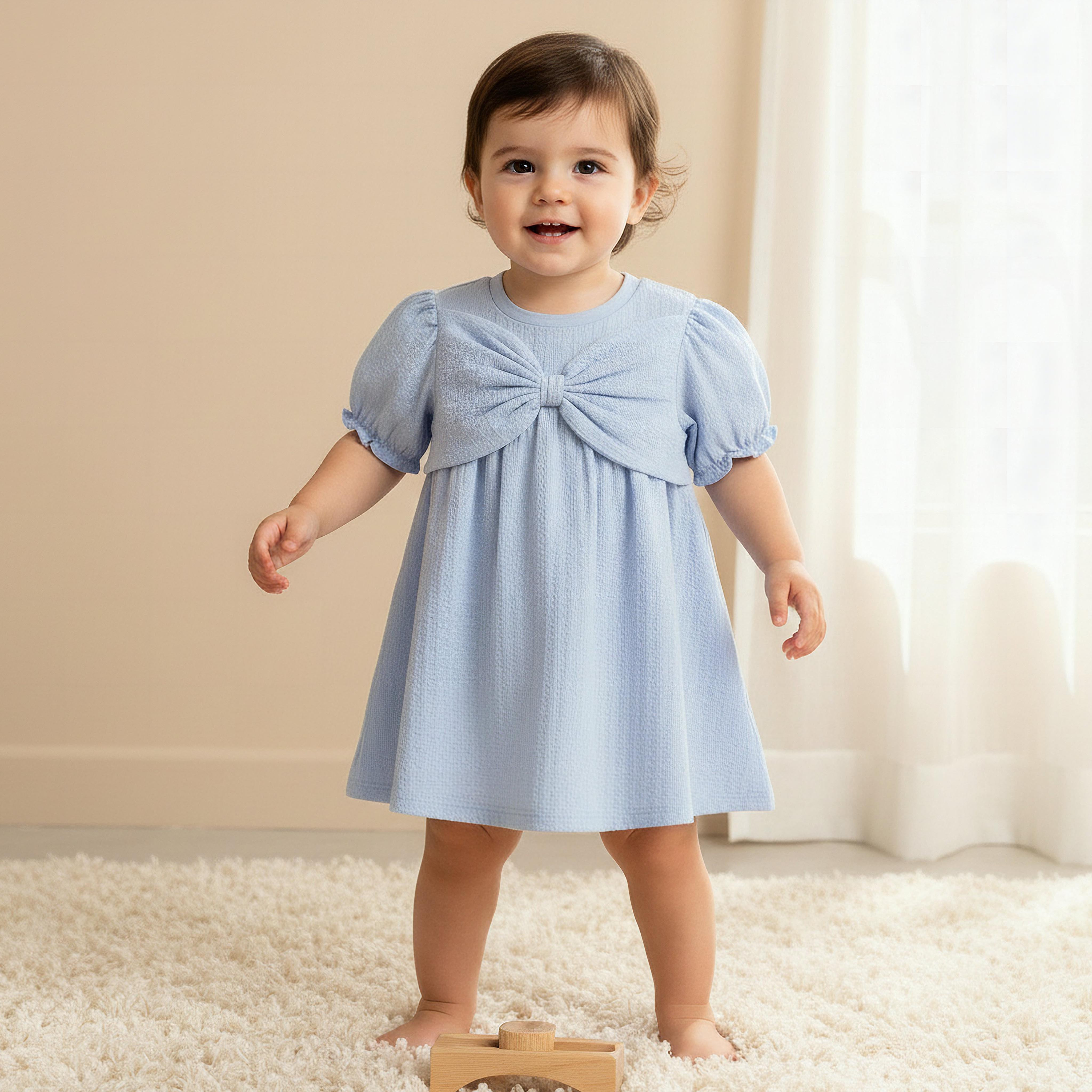 Juniors Round Neck Short Sleeve Dress with Bow Accent-baby-girls-clothing-dressesandjumpsuits-image-1