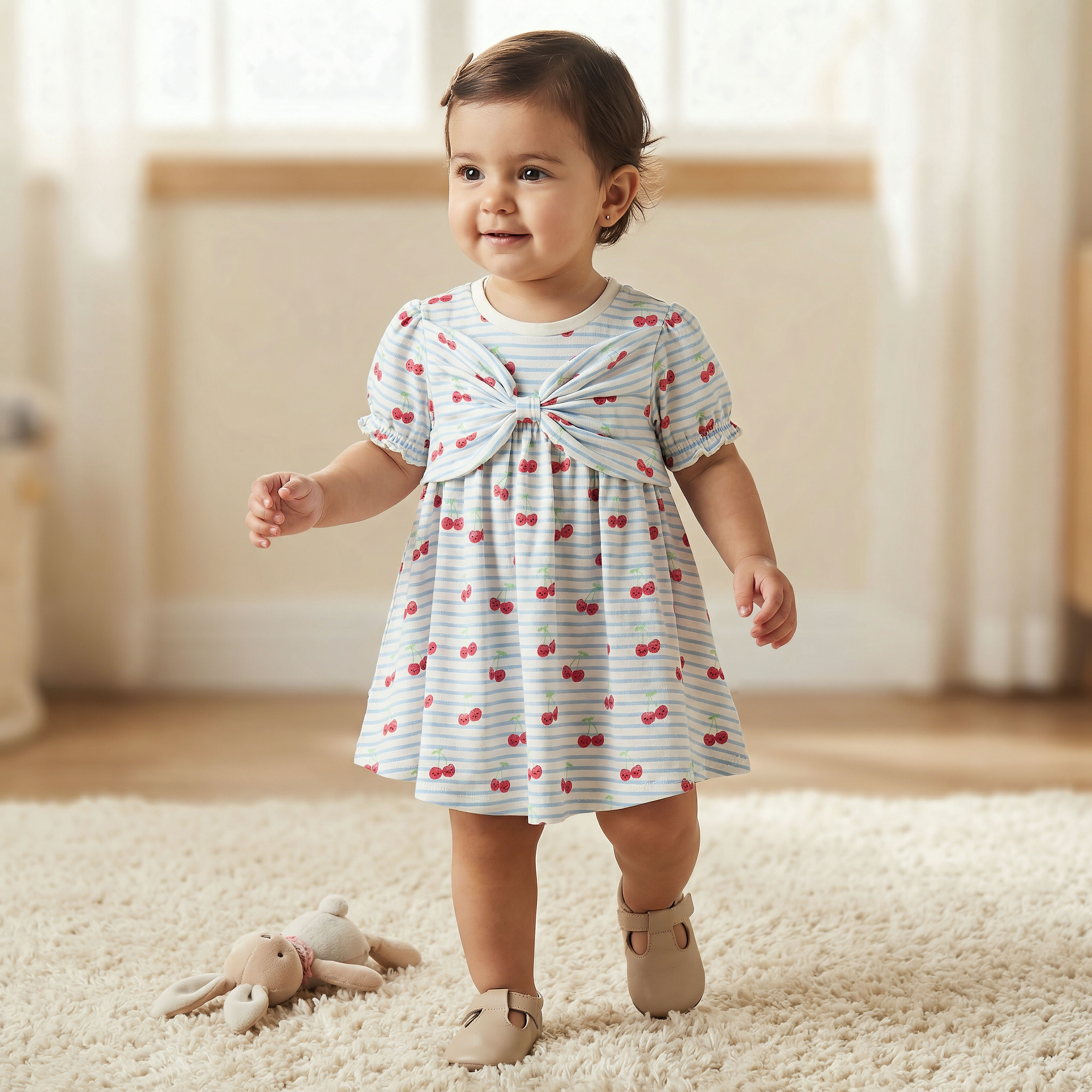 Juniors Round Neck Short Sleeves A-line Dress with Cherry Print-baby-girls-clothing-dressesandjumpsuits-image-1