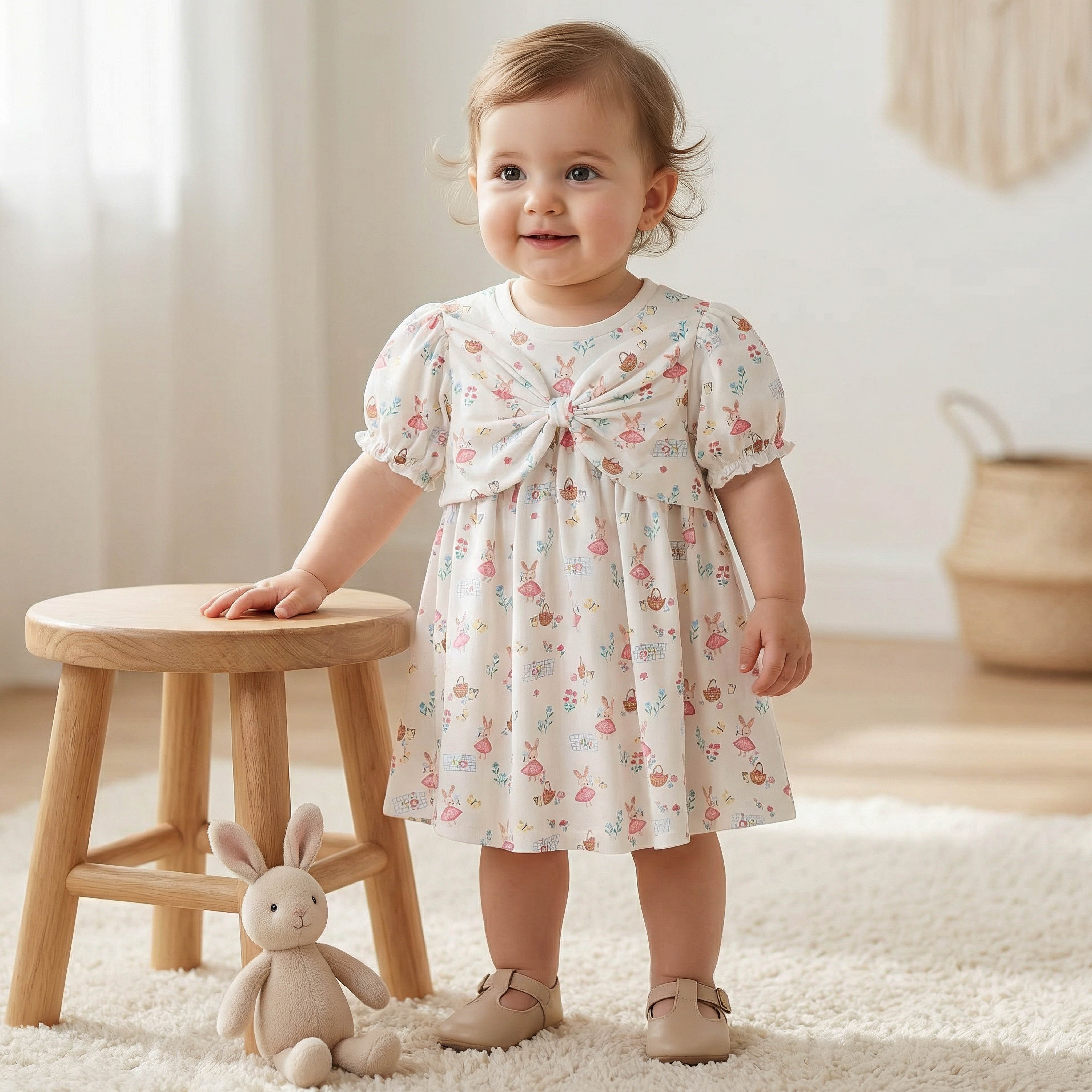 Juniors Round Neck Short Sleeves A-line Dress with Bunny Print-baby-girls-clothing-dressesandjumpsuits-image-1