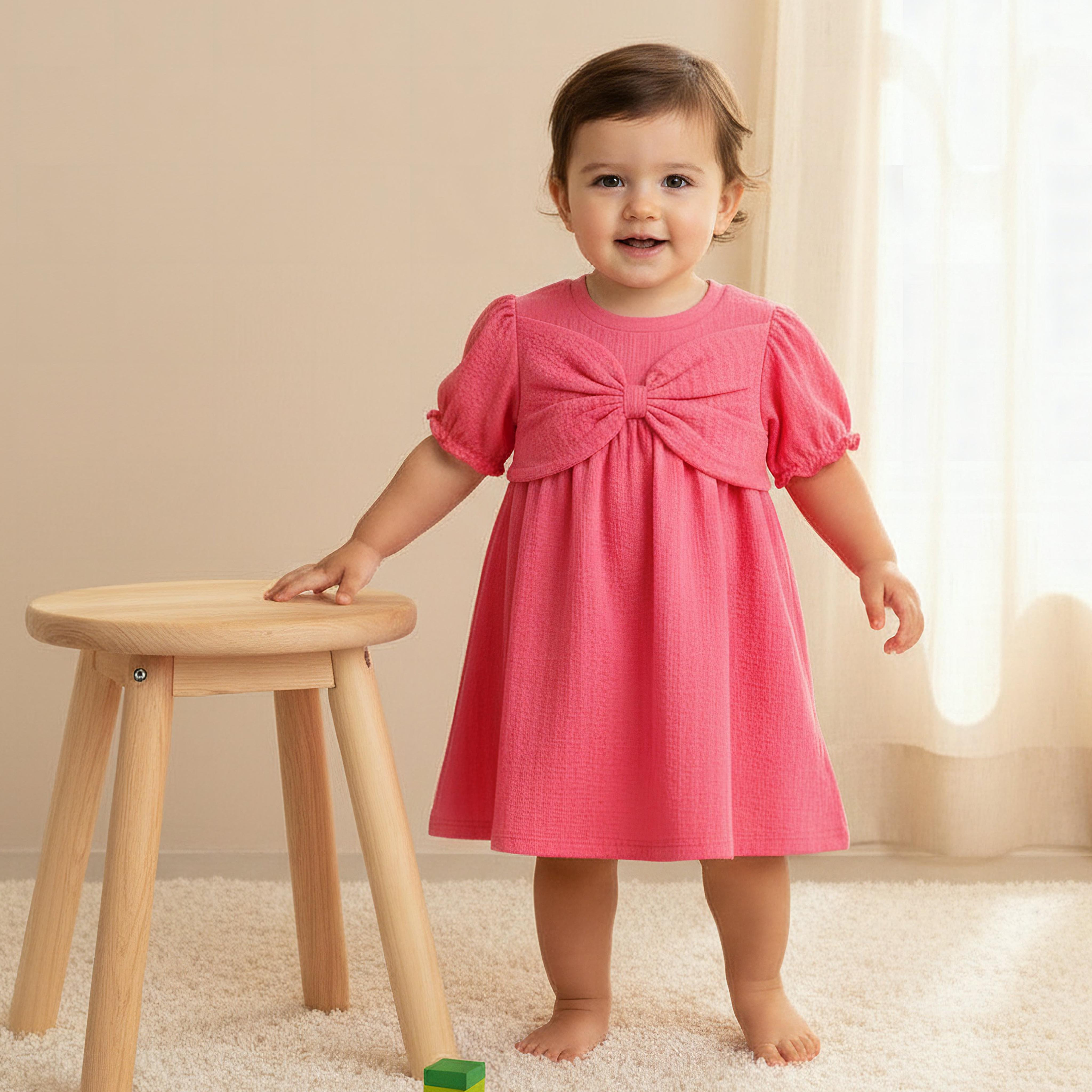 Juniors Round Neck Short Sleeve Dress with Bow Accent-baby-girls-clothing-dressesandjumpsuits-image-1