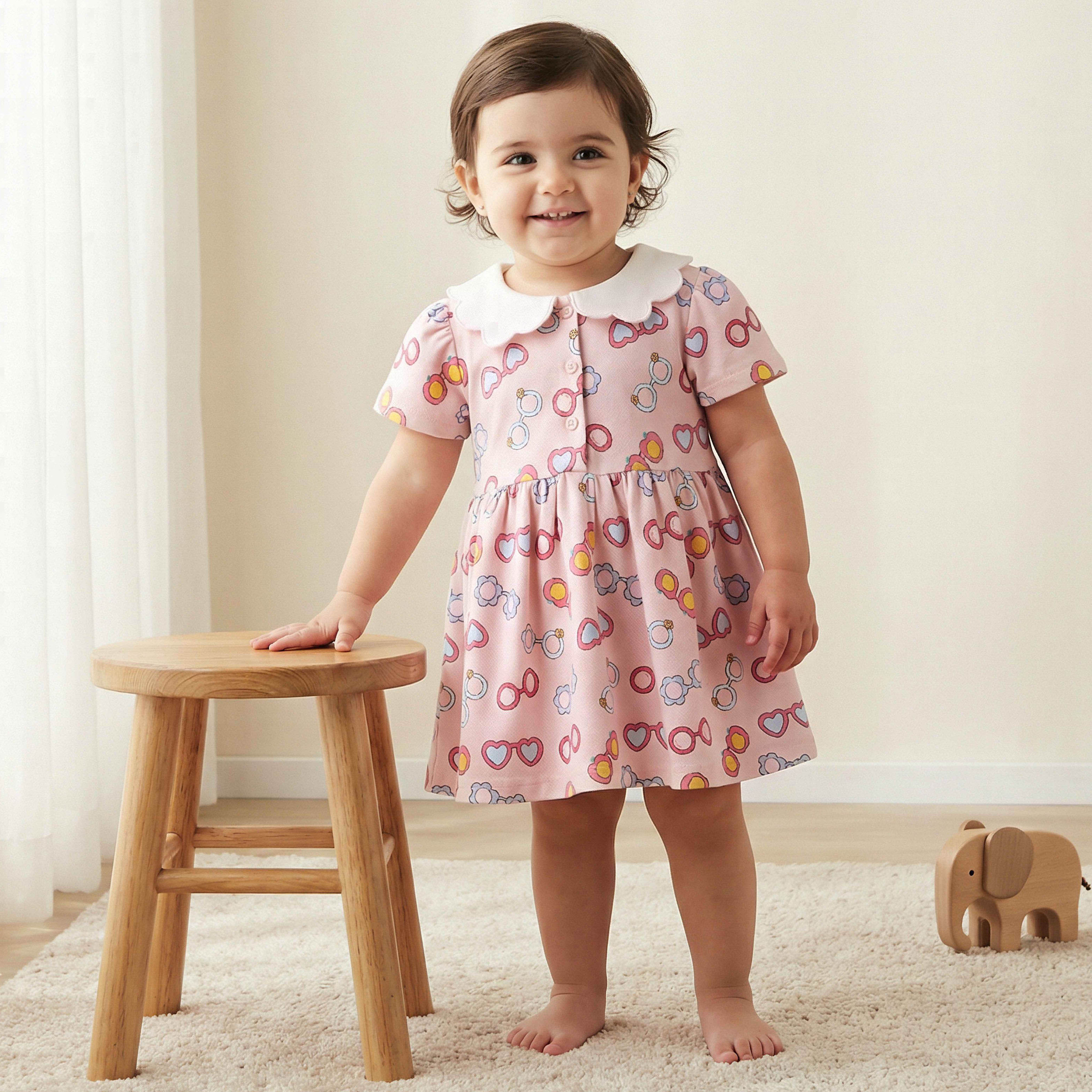 Juniors Peter Pan Collar Short Sleeves A-line Dress with Heart Print-baby-girls-clothing-dressesandjumpsuits-image-1