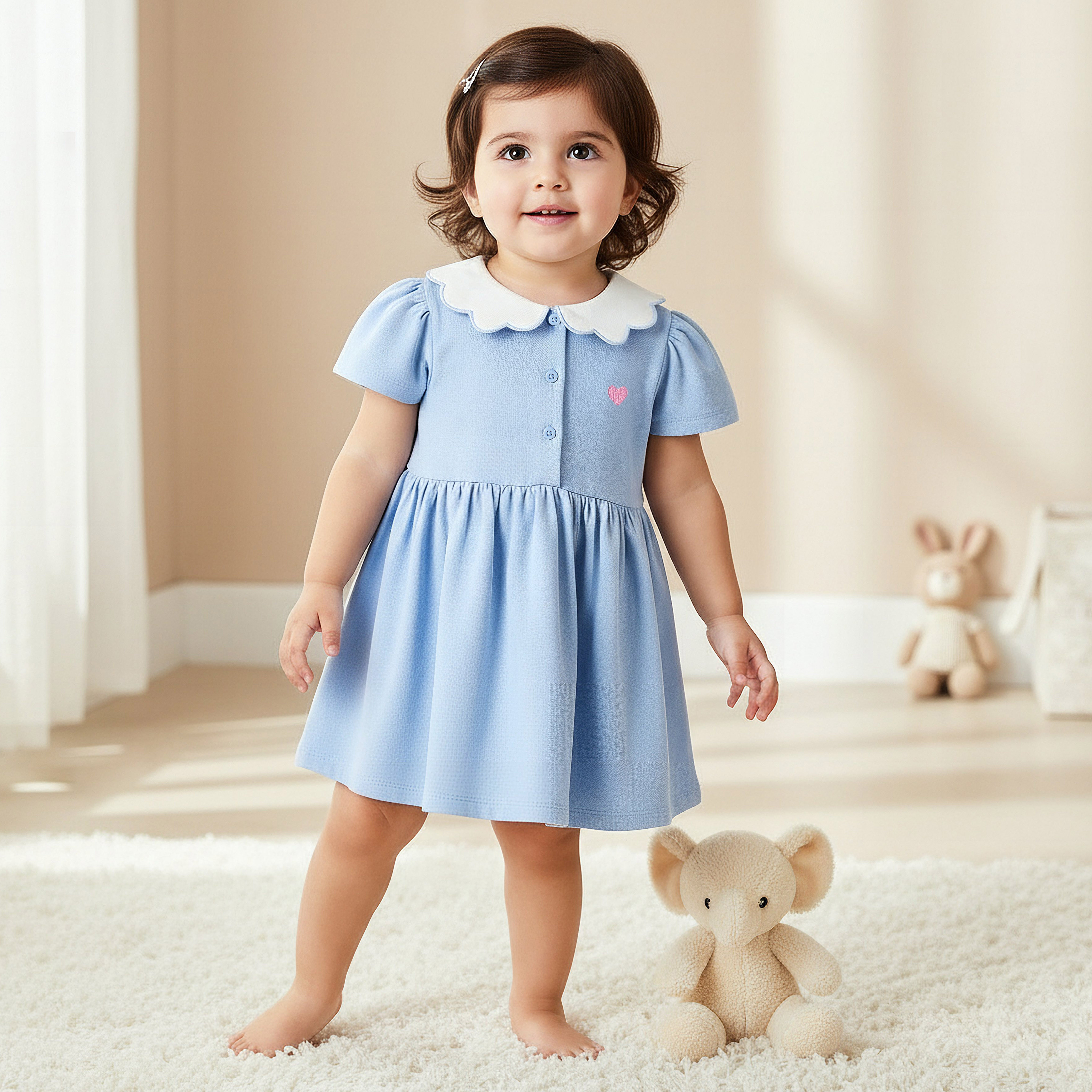 Juniors Scallop Collar Short Sleeves A-line Dress with Heart Embroidery-baby-girls-clothing-dressesandjumpsuits-image-1