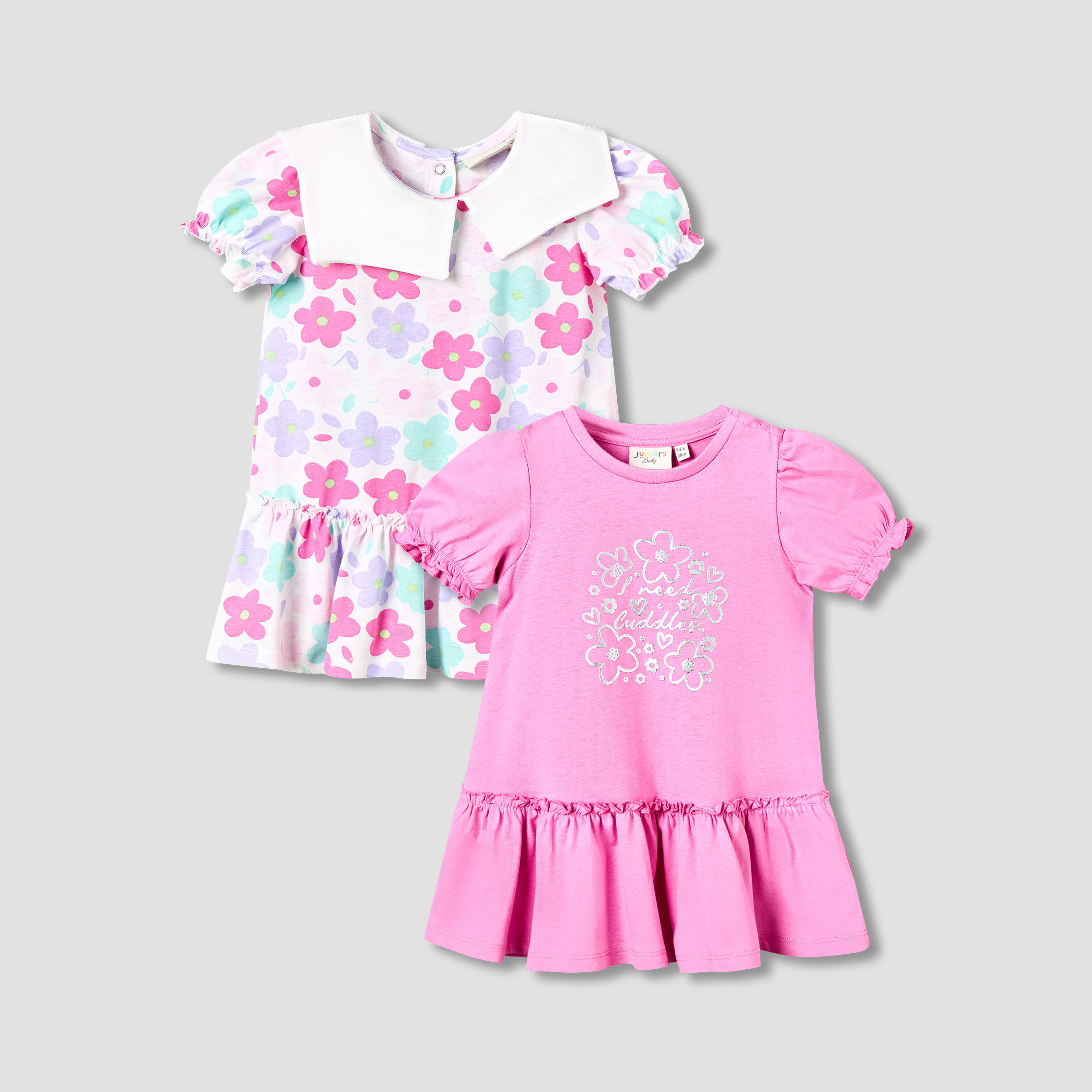Pack of 2 Juniors Short Sleeves Drop Waist Dress with Floral Print-baby-girls-clothing-dressesandjumpsuits-image-1
