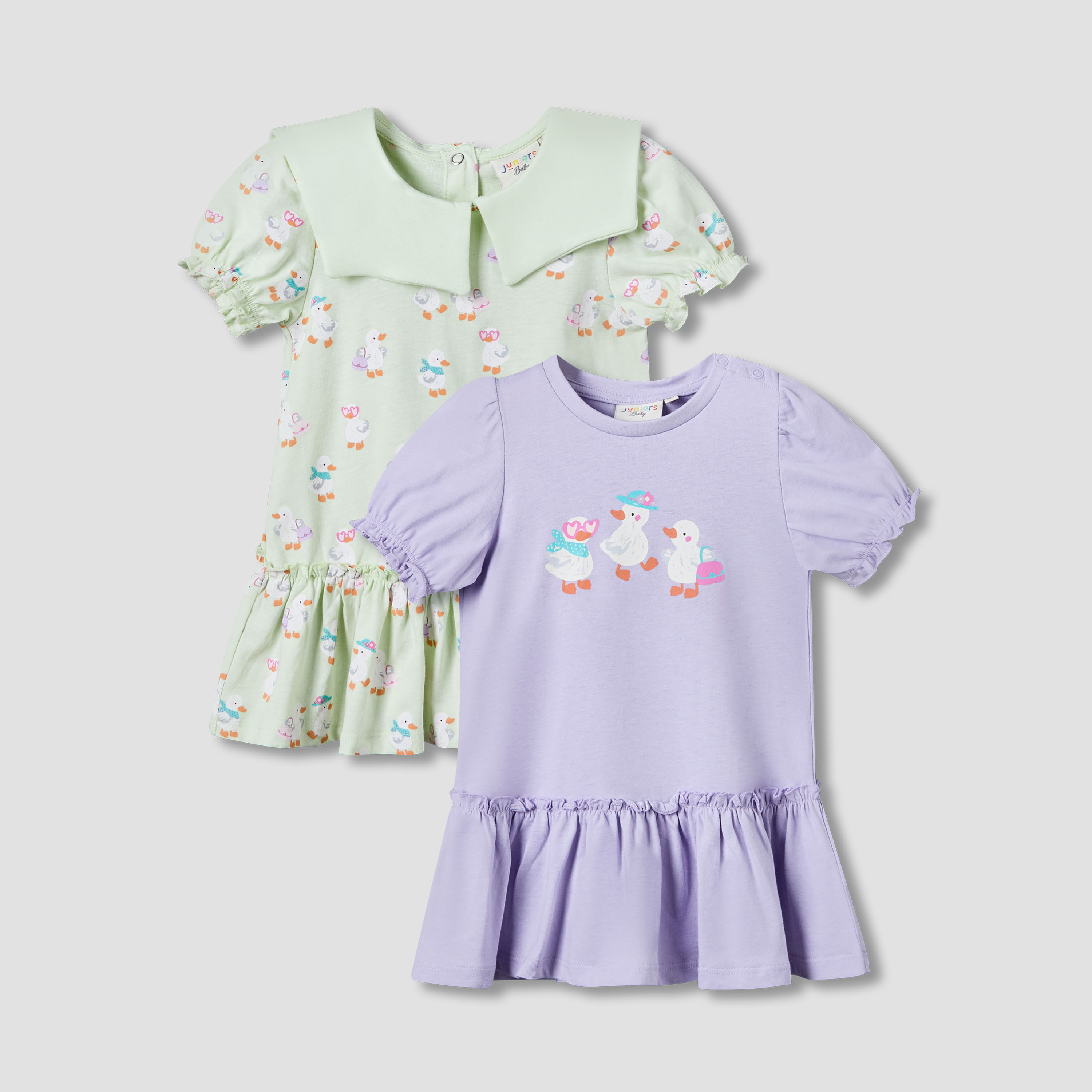 Pack of 2 Juniors Round Neck Short Sleeves Knee Length Dress with Duck Print-baby-girls-clothing-dressesandjumpsuits-image-1