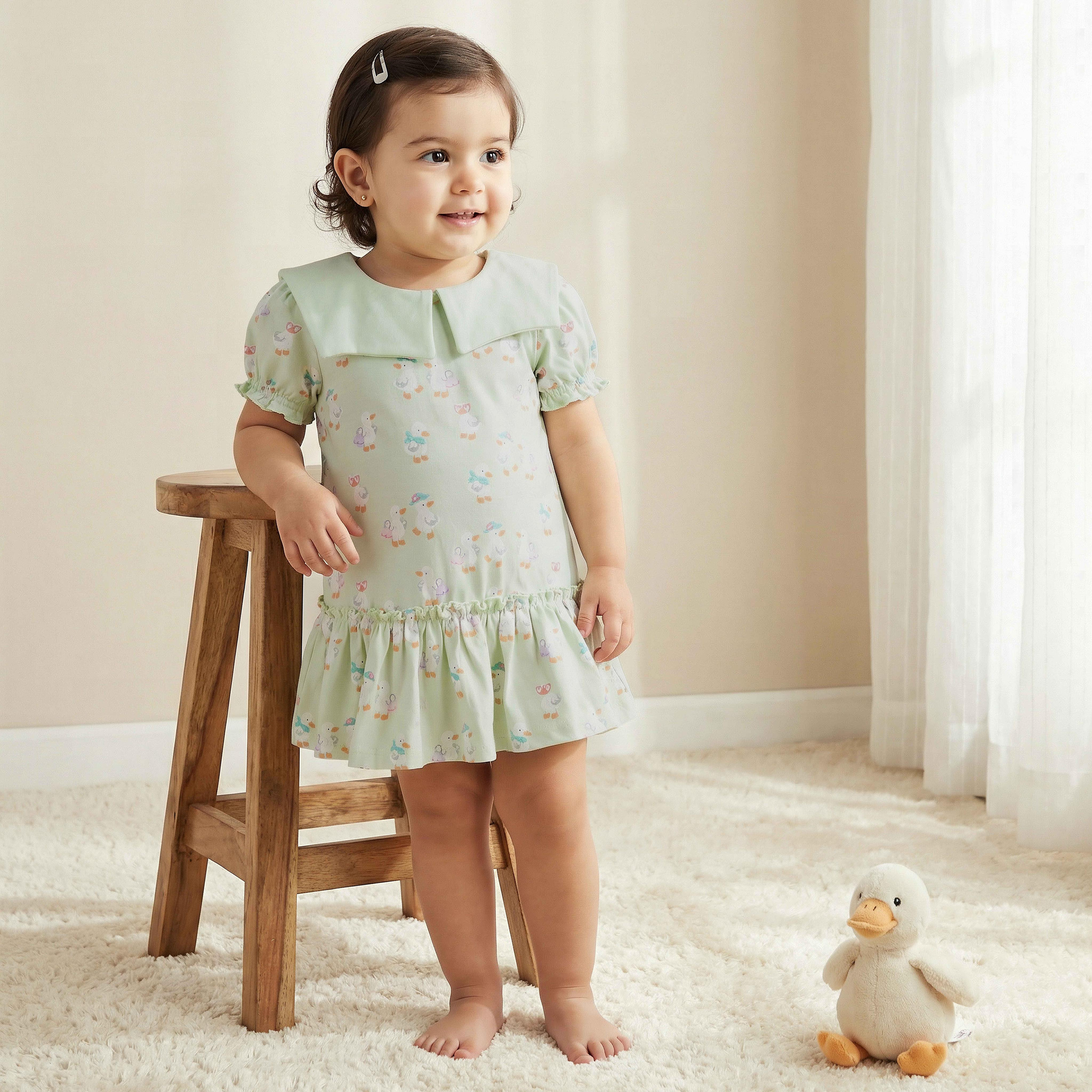 Pack of 2 Juniors Round Neck Short Sleeves Knee Length Dress with Duck Print-baby-girls-clothing-dressesandjumpsuits-image-2