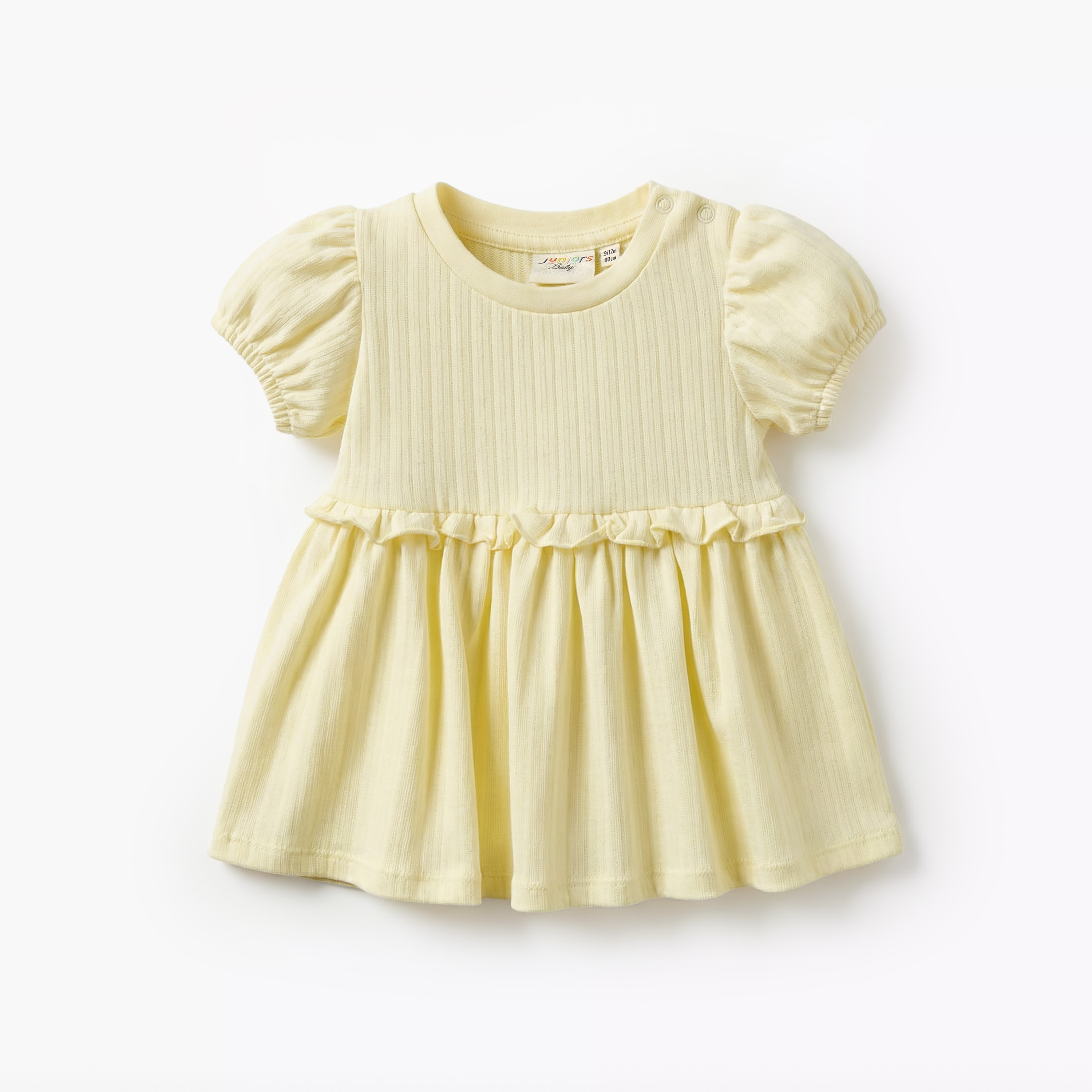 فستان إيه لاين بياقة مستديرة وأكمام قصيرة وتفاصيل كشكش من جونيورز-baby-girls-clothing-dressesandjumpsuits-image-2