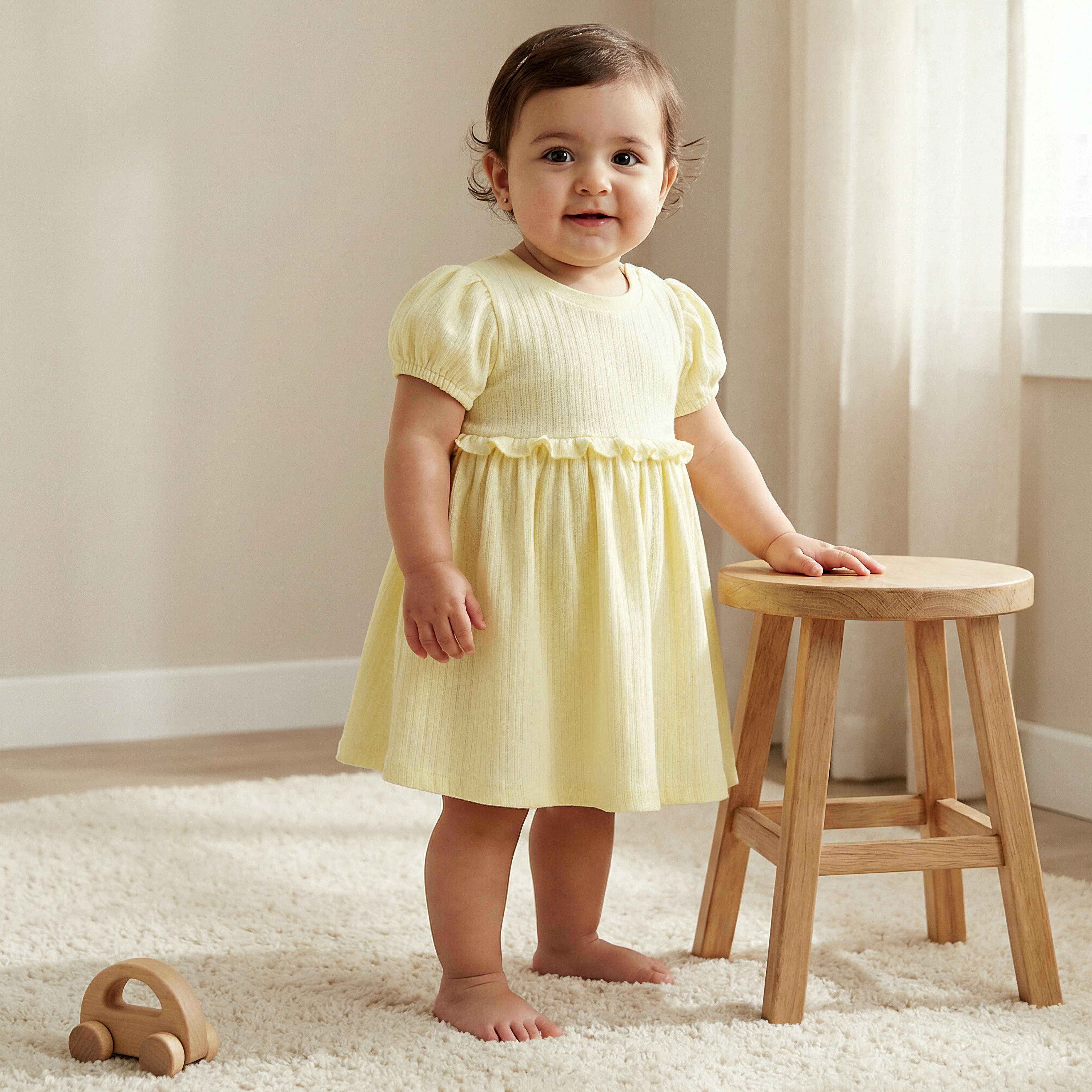 فستان إيه لاين بياقة مستديرة وأكمام قصيرة وتفاصيل كشكش من جونيورز-baby-girls-clothing-dressesandjumpsuits-image-1