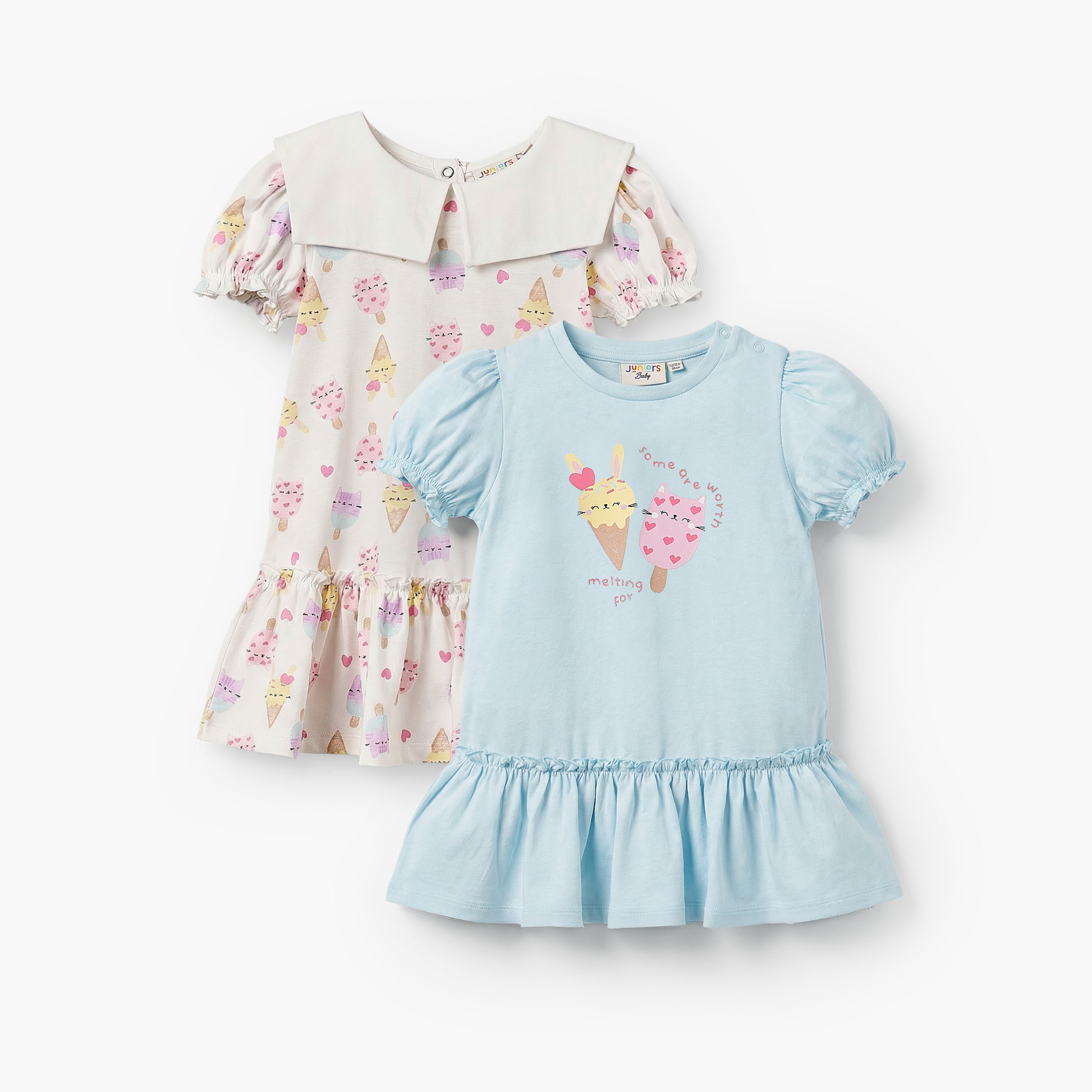 Pack of 2 Juniors Short Sleeves Drop Waist Dress with Ice Cream Print-baby-girls-clothing-dressesandjumpsuits-image-1