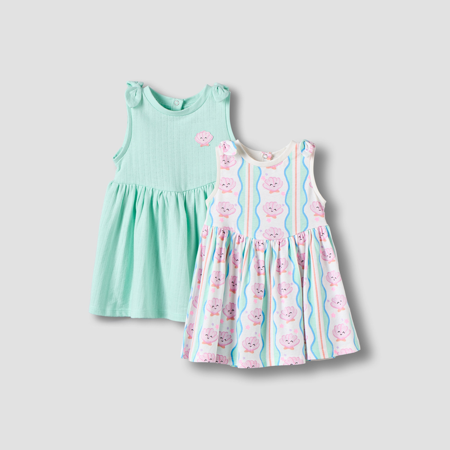 Pack of 2 Juniors Round Neck Sleeveless Knee Length A-line Dress with Shell Print-baby-girls-clothing-dressesandjumpsuits-image-1