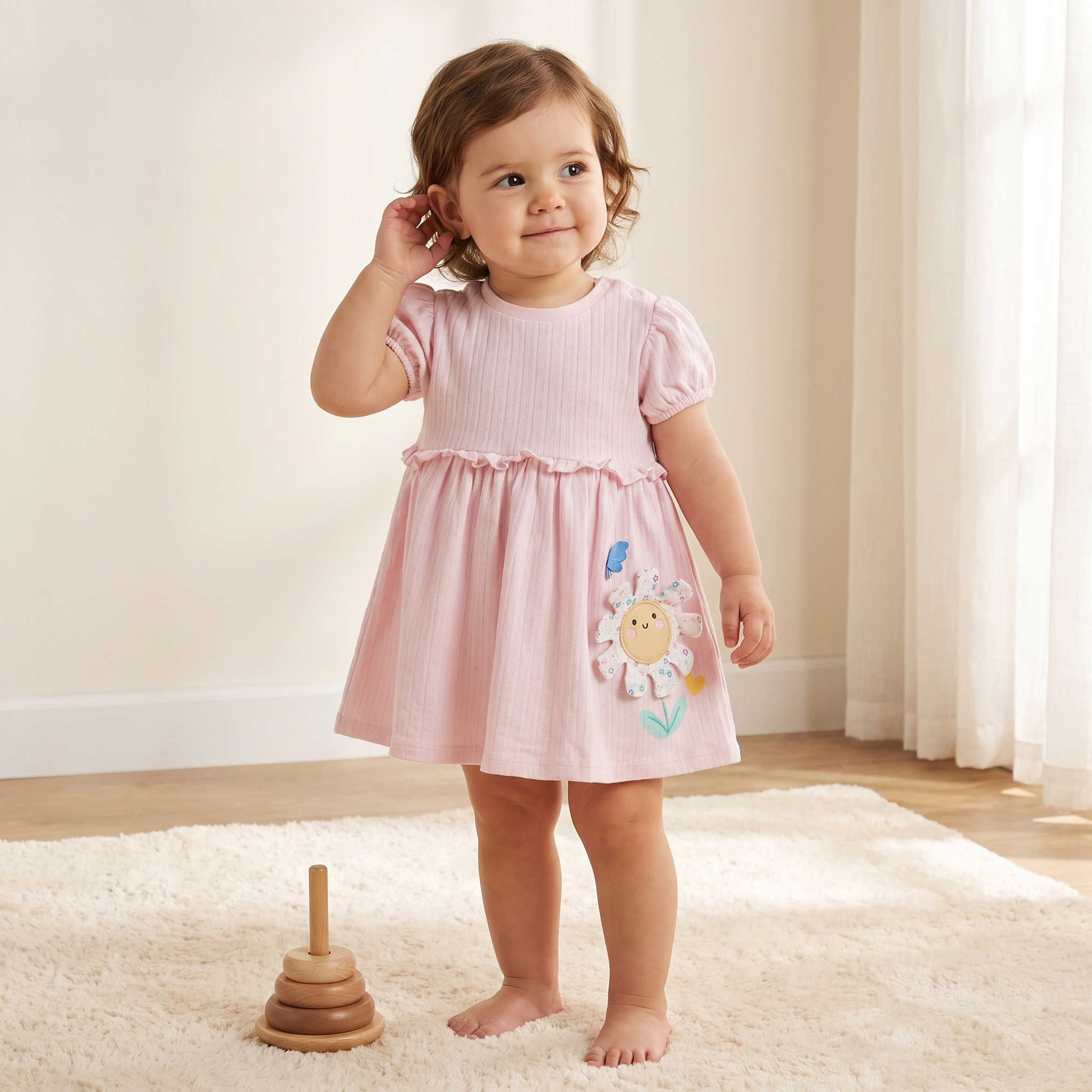 فستان ميدي بقصة إيه لاين وياقة مستديرة وأكمام قصيرة وزخارف زهور من جونيورز-baby-girls-clothing-dressesandjumpsuits-image-2