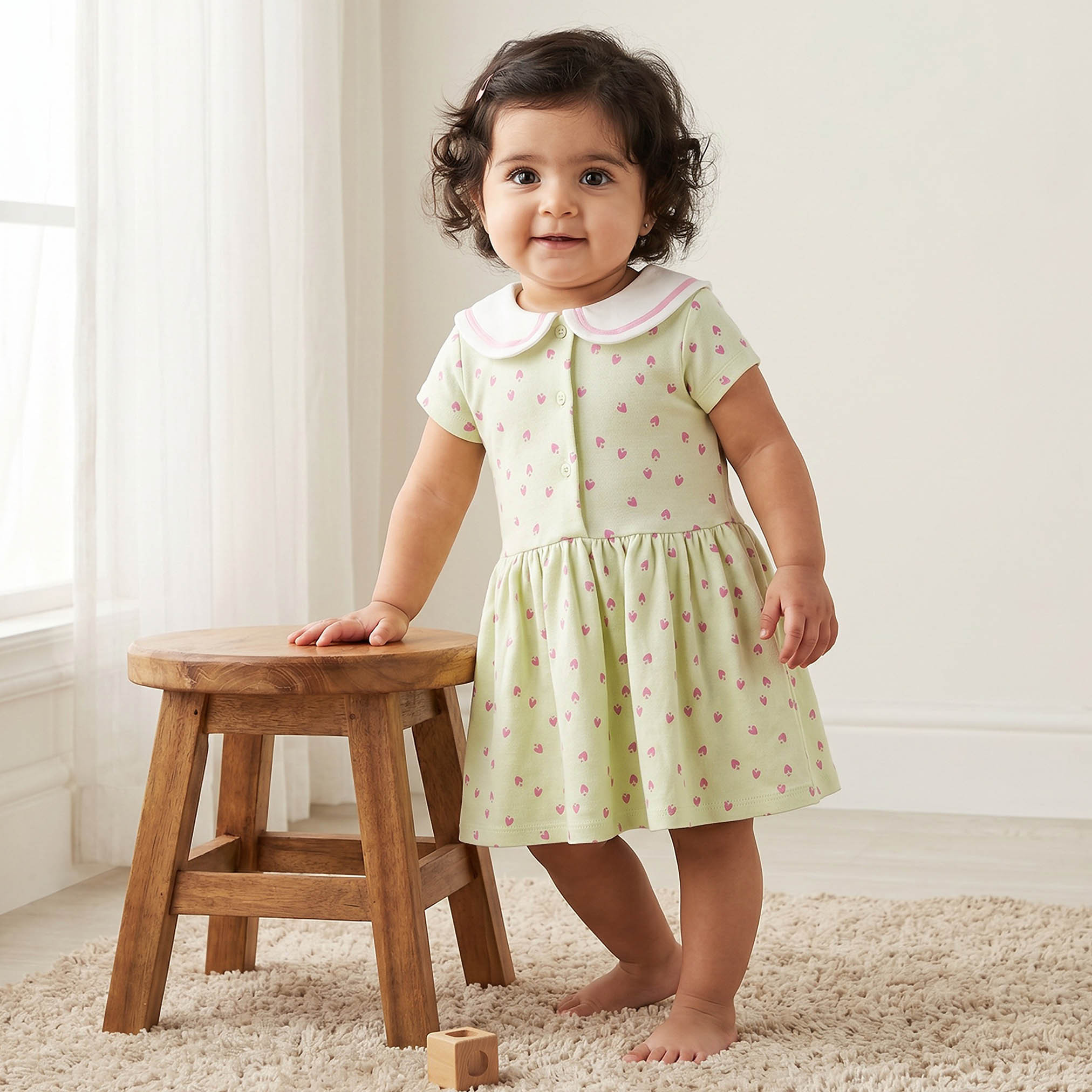فستان إيه لاين طول الركبة بياقة بحار وأكمام قصيرة وطبعات قلوب من جونيورز-baby-girls-clothing-dressesandjumpsuits-image-1