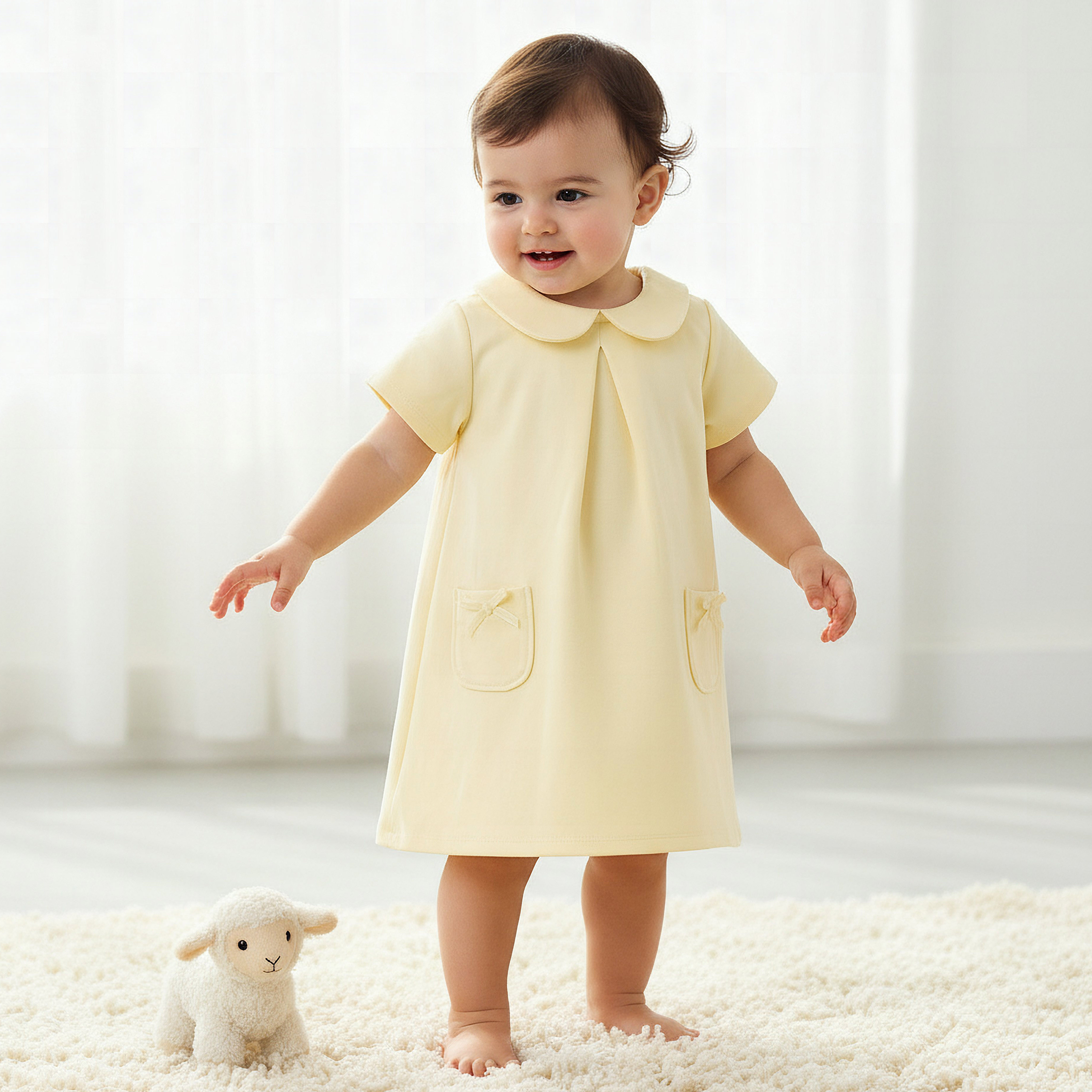 فستان بياقة بيتر بان وأكمام قصيرة وزينة فيونكة من جونيورز-baby-girls-clothing-dressesandjumpsuits-image-1