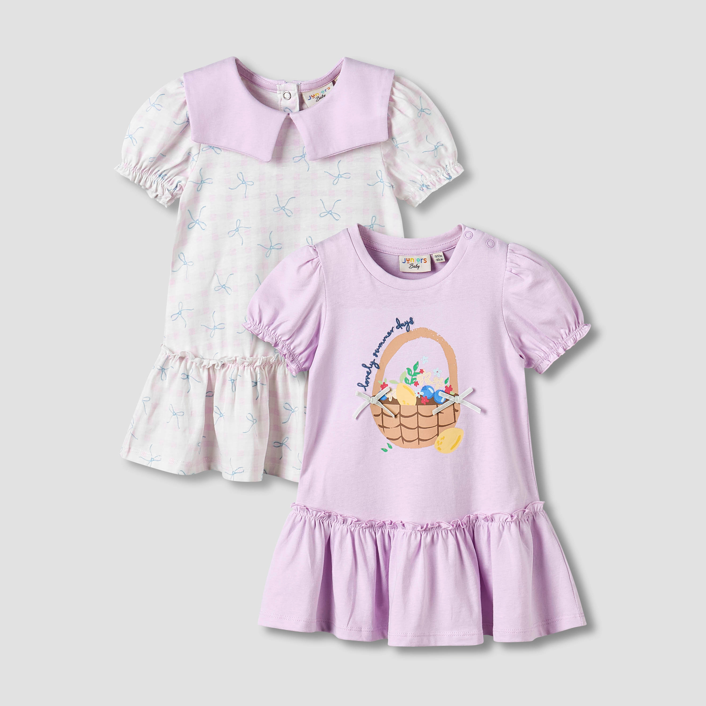 Pack of 2 Round Neck Short Sleeve Knee-Length Dress with Bow Print-baby-girls-clothing-dressesandjumpsuits-image-1