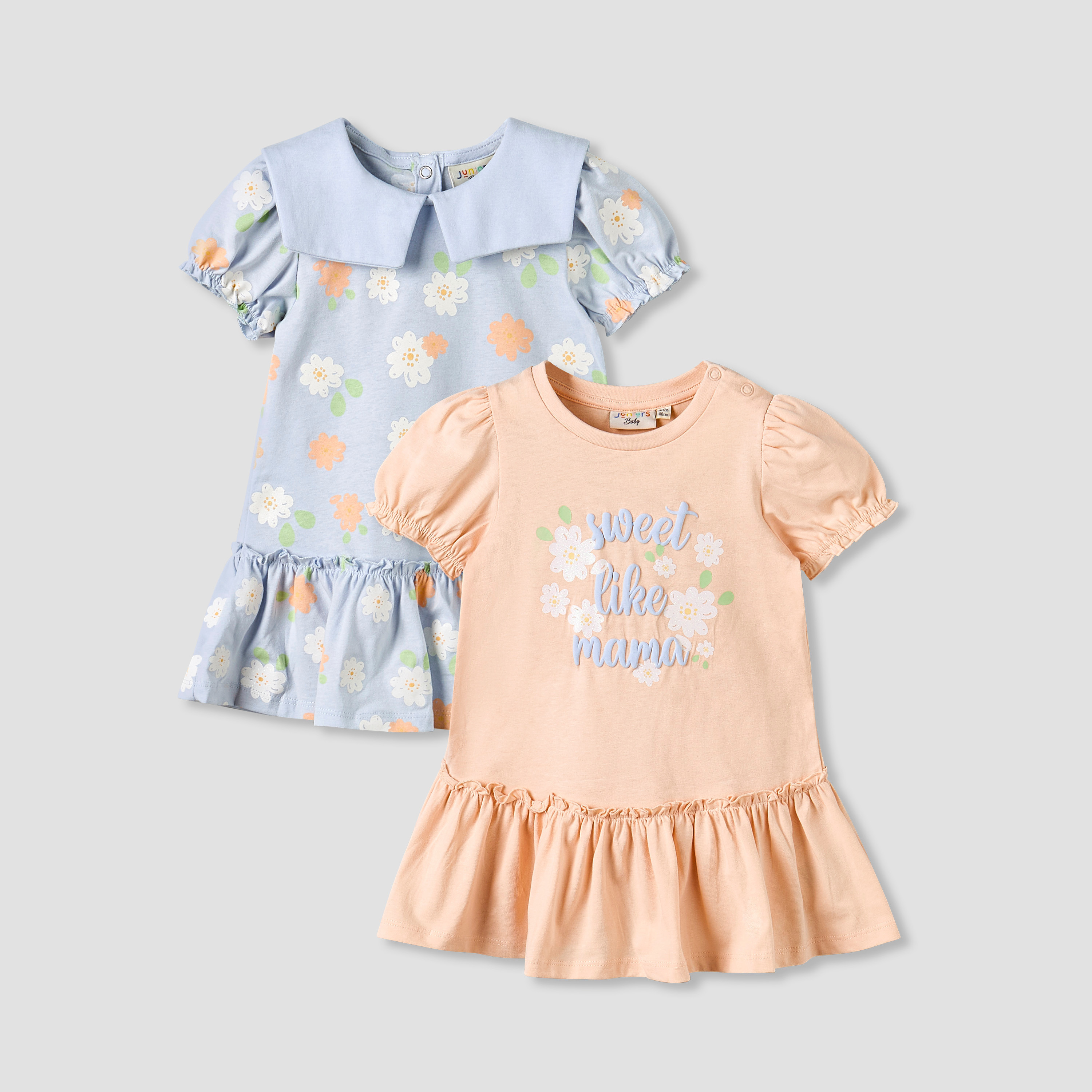 Pack of 2 Round Neck Short Sleeve Knee-Length Dress with Floral Print-baby-girls-clothing-dressesandjumpsuits-image-1