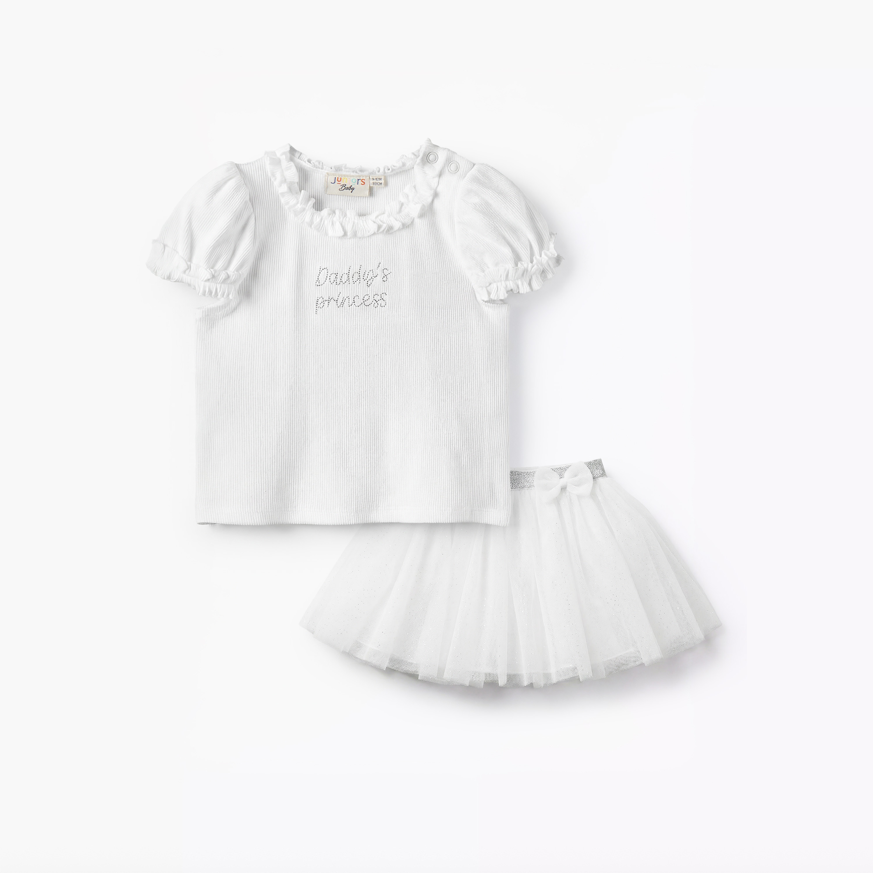 طقم بلوزة بياقة كشكش وأكمام قصيرة وتنورة بتصميم مزين من جونيورز-baby-girls-clothing-setsandcoords-image-2