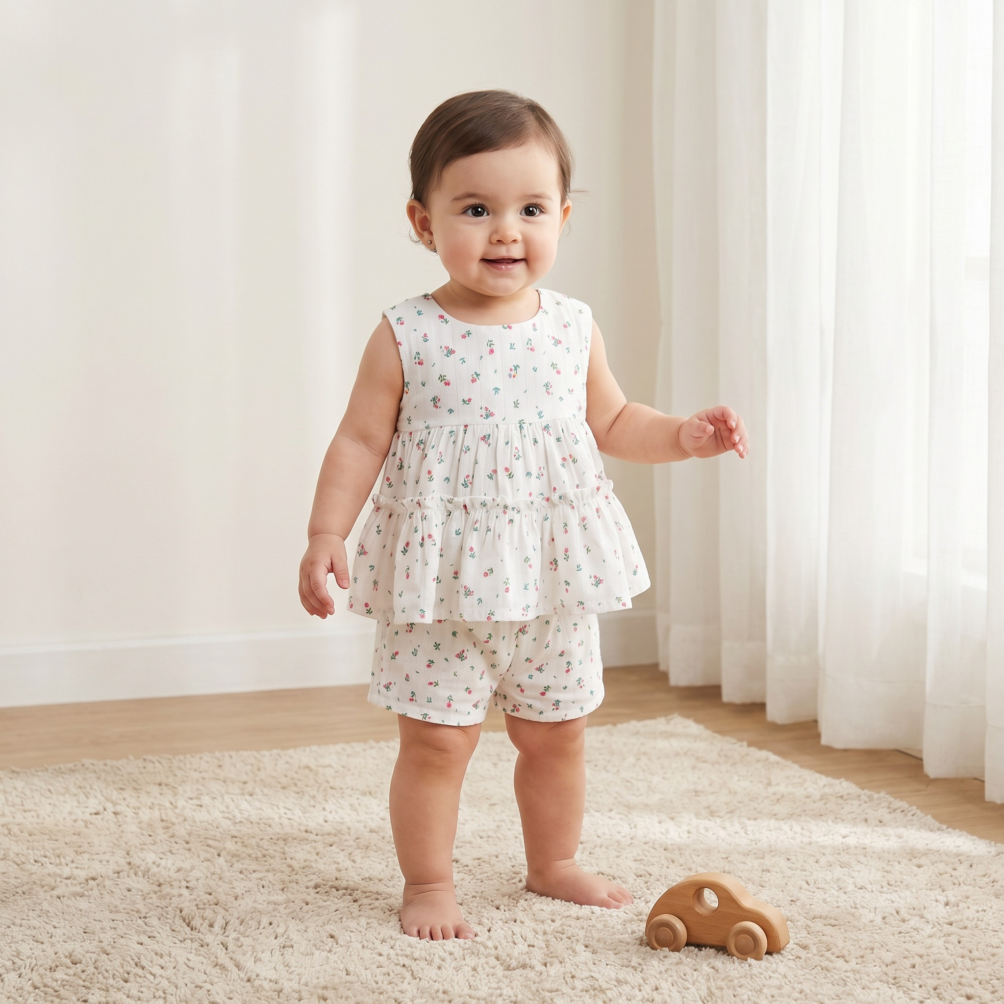 Juniors Round Neck Sleeveless Top and Shorts Set with Floral Print-baby-girls-clothing-setsandcoords-image-1