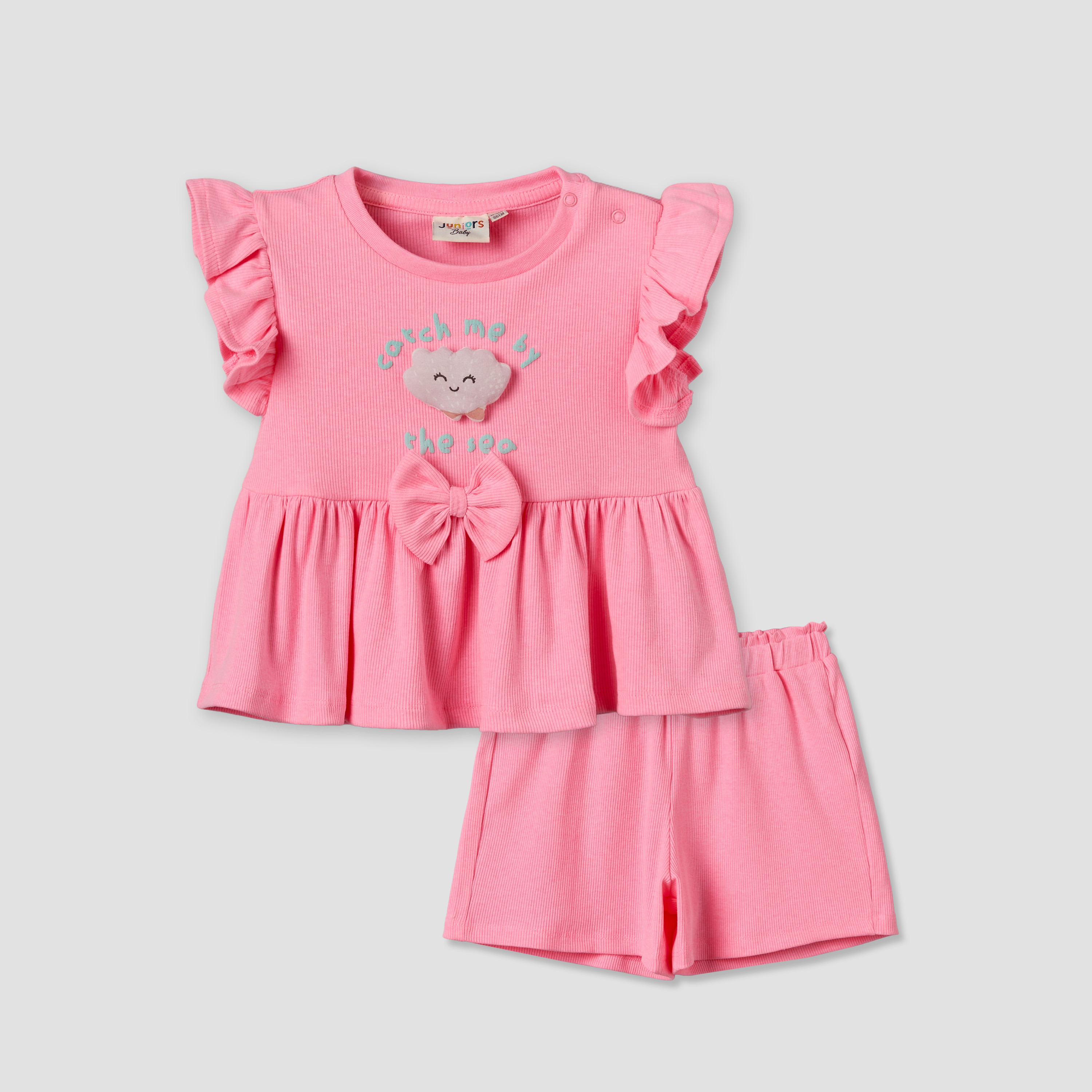 Juniors Round Neck Short Sleeves Top and Shorts Set with Bow Accent-baby-girls-clothing-setsandcoords-image-2