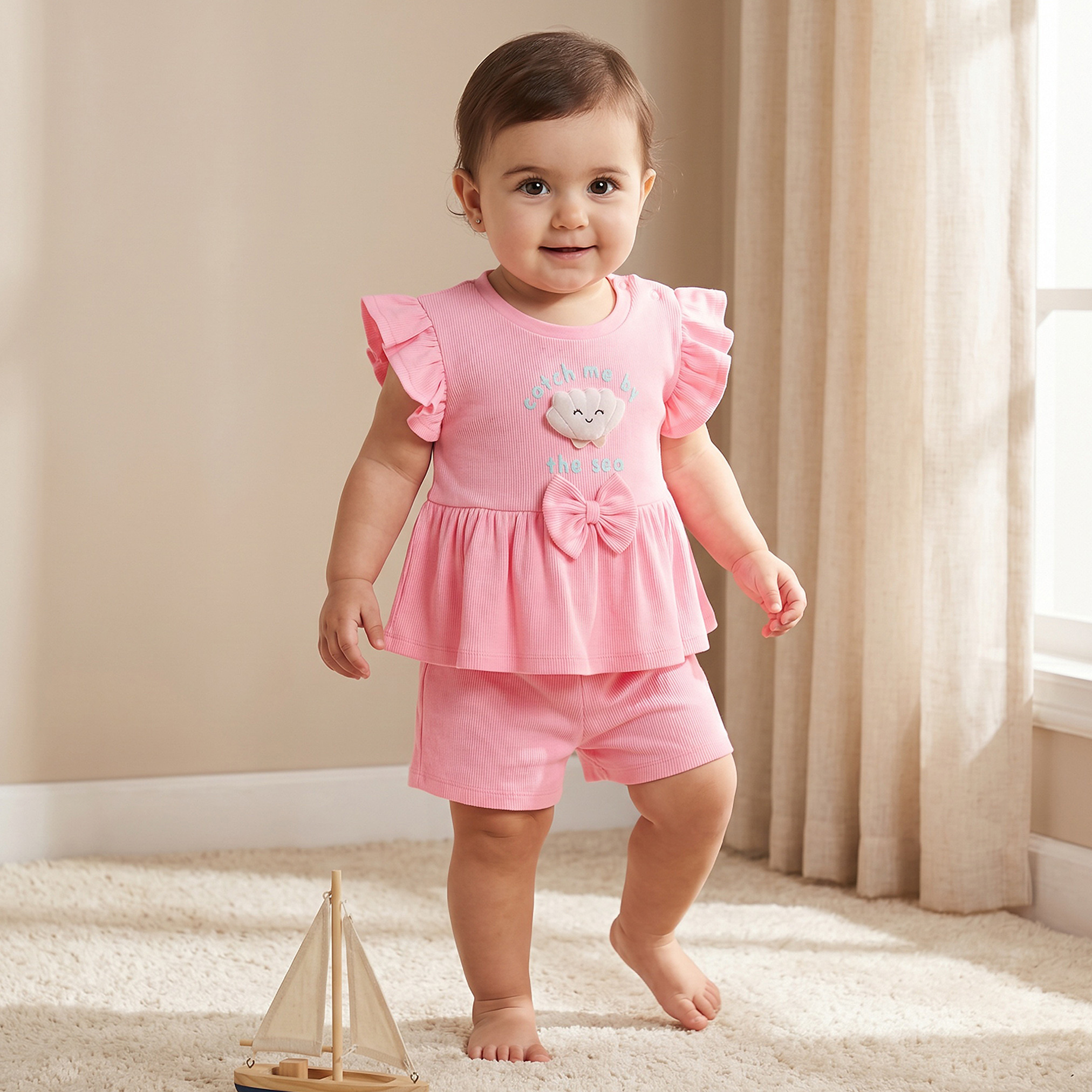 Juniors Round Neck Short Sleeves Top and Shorts Set with Bow Accent-baby-girls-clothing-setsandcoords-image-1