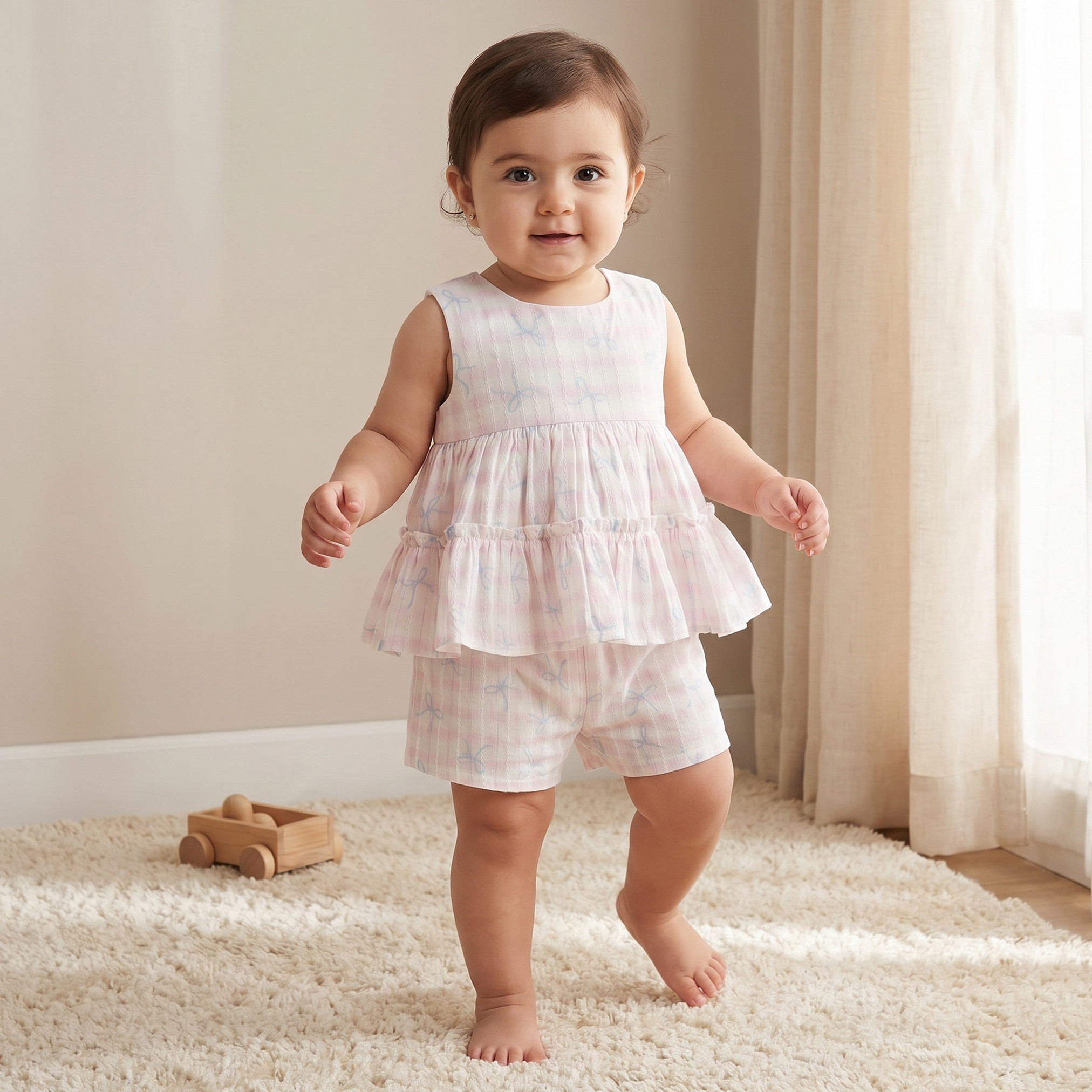 Juniors Round Neck Sleeveless Top and Shorts Set with Bow Print-baby-girls-clothing-setsandcoords-image-1