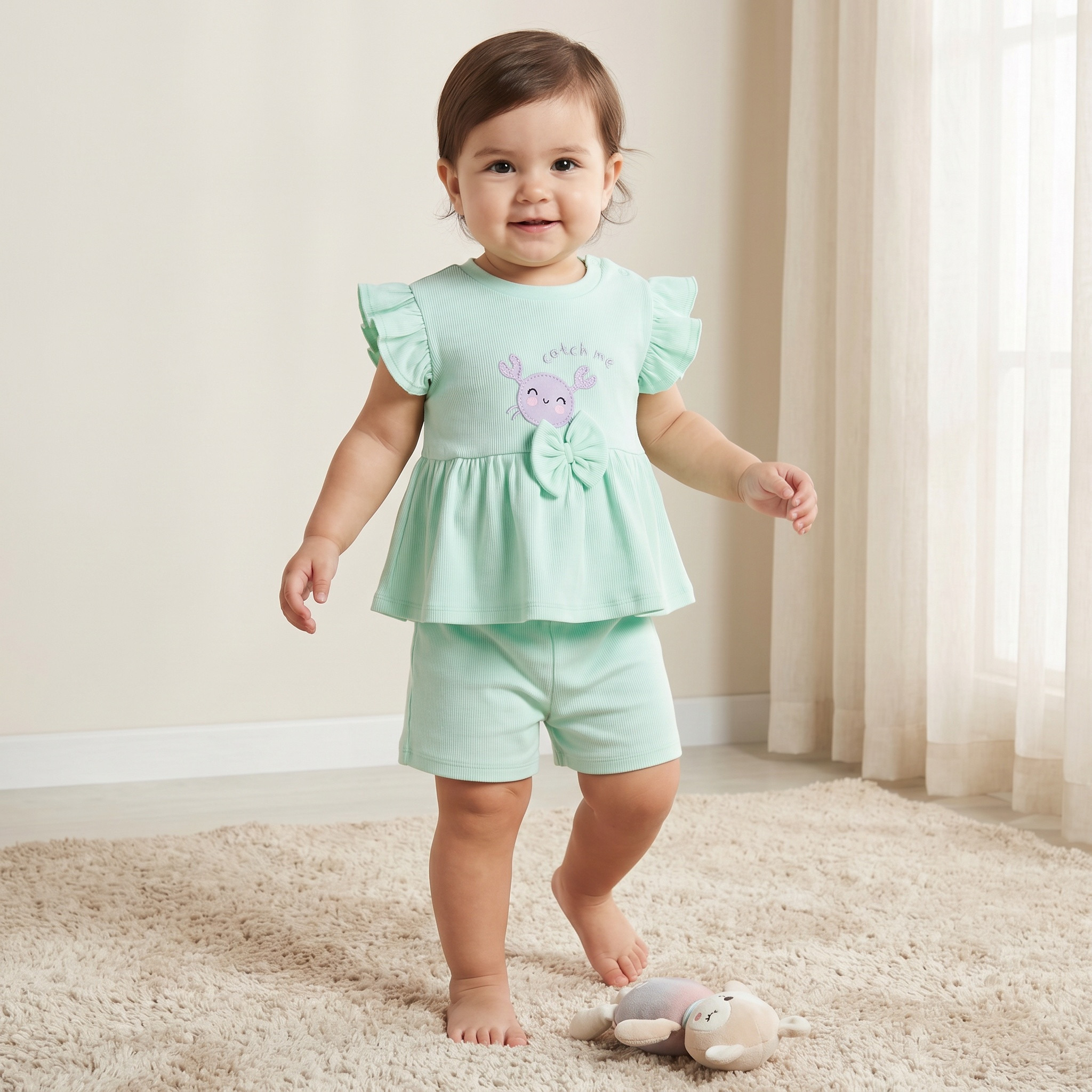 Juniors Crew Neck Short Sleeves Top and Shorts Set with Crab Applique-baby-girls-clothing-setsandcoords-image-1