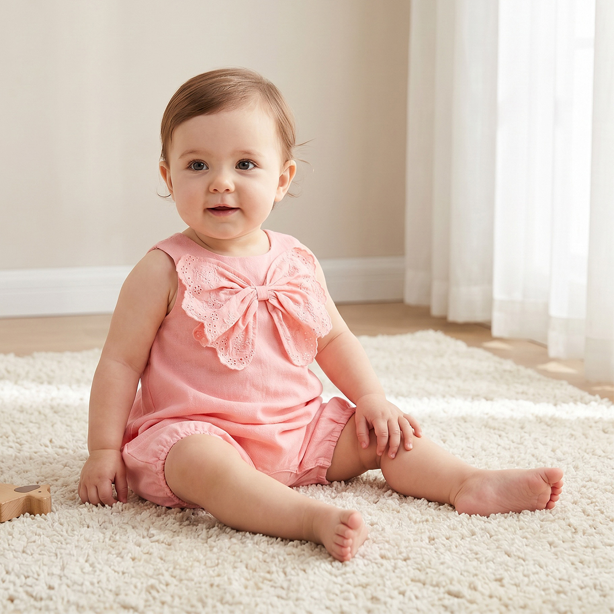 Juniors Crew Neck Sleeveless Romper with Embroidered Bow-baby-girls-clothing-rompers-image-1
