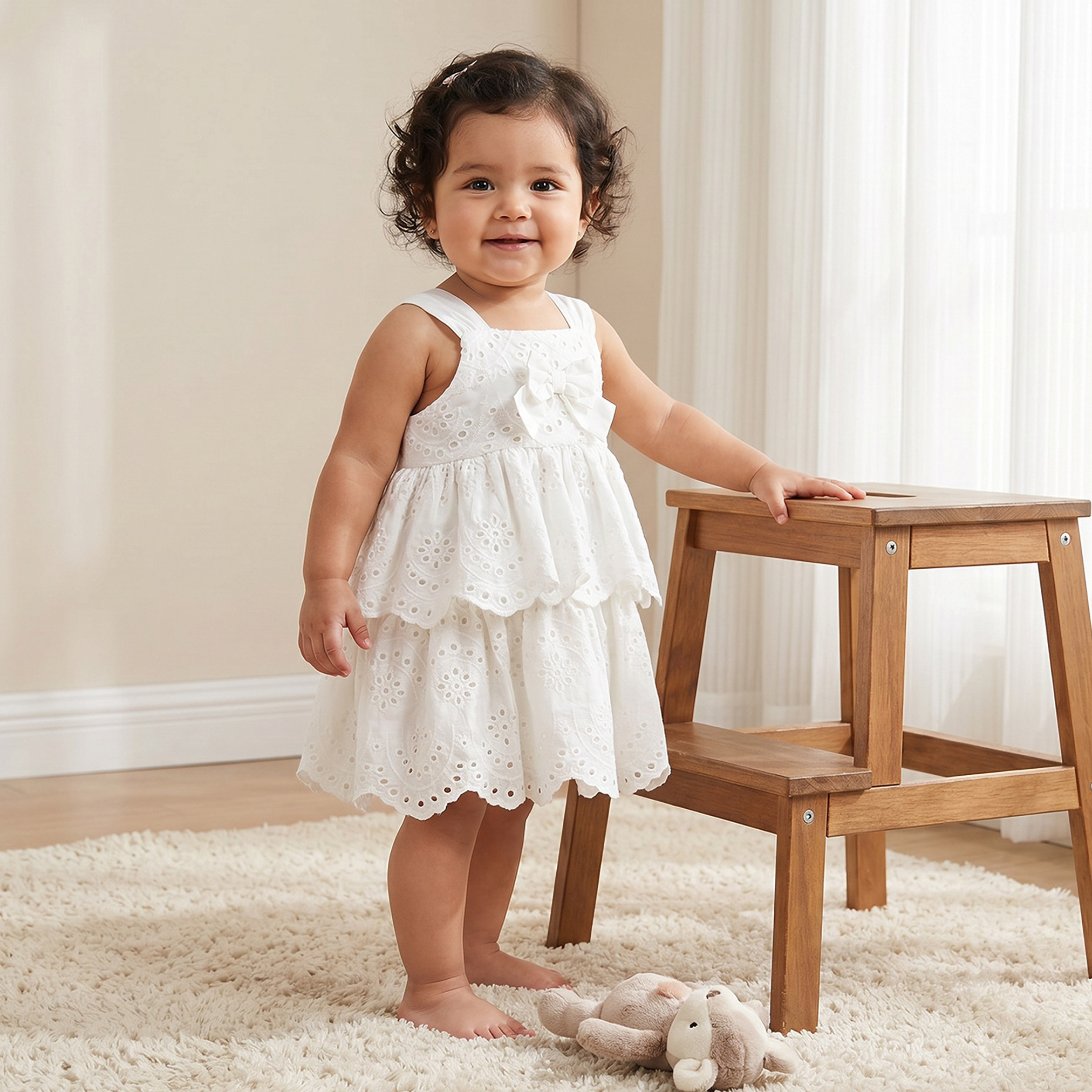 فستان طول الركبة بتطريز شيفلي أنيق وياقة مربعة بدون أكمام من جونيورز-baby-girls-clothing-dressesandjumpsuits-image-1