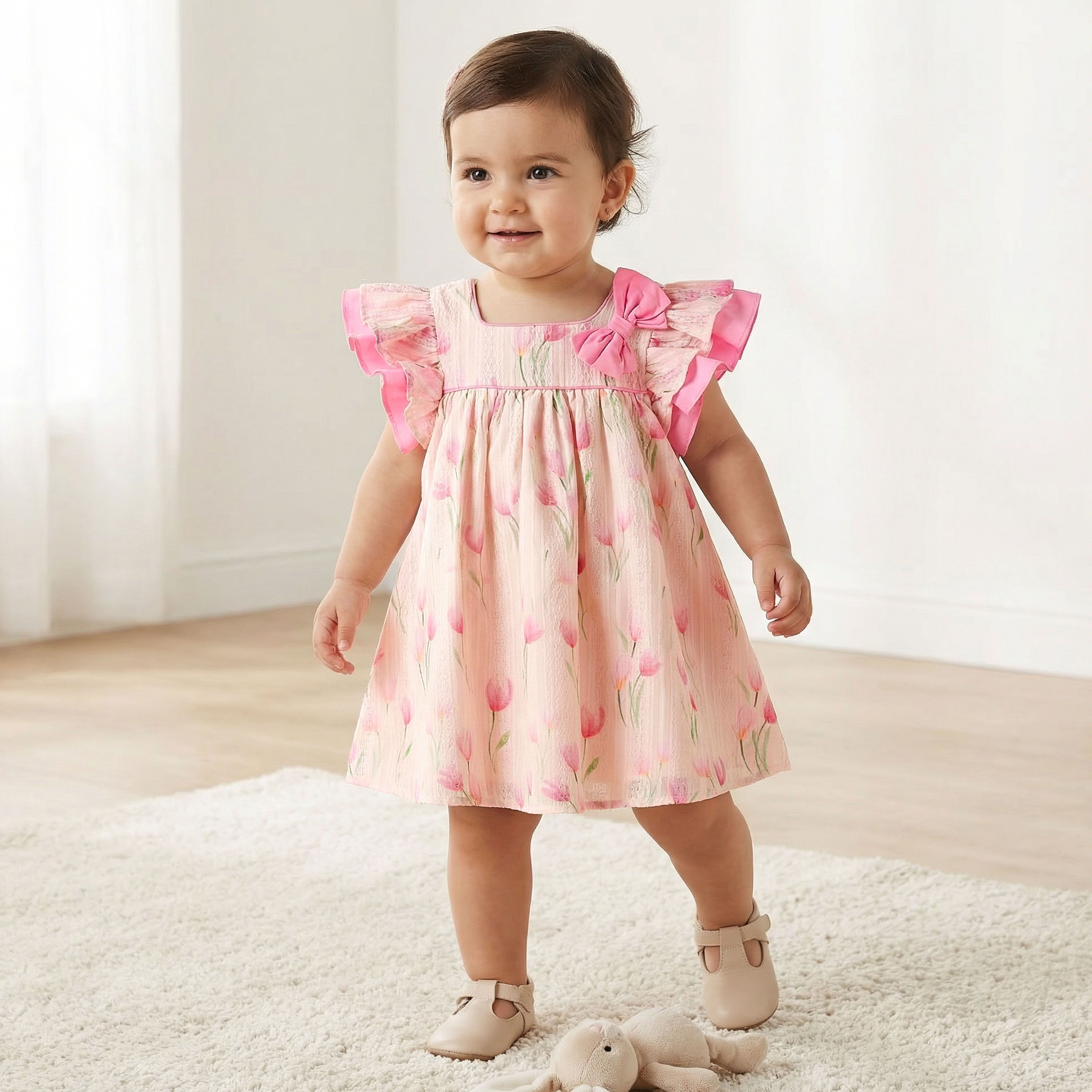 فستان بطبعات أزهار وياقة مربعة وأكمام قصيرة من جونيورز-baby-girls-clothing-dressesandjumpsuits-image-1